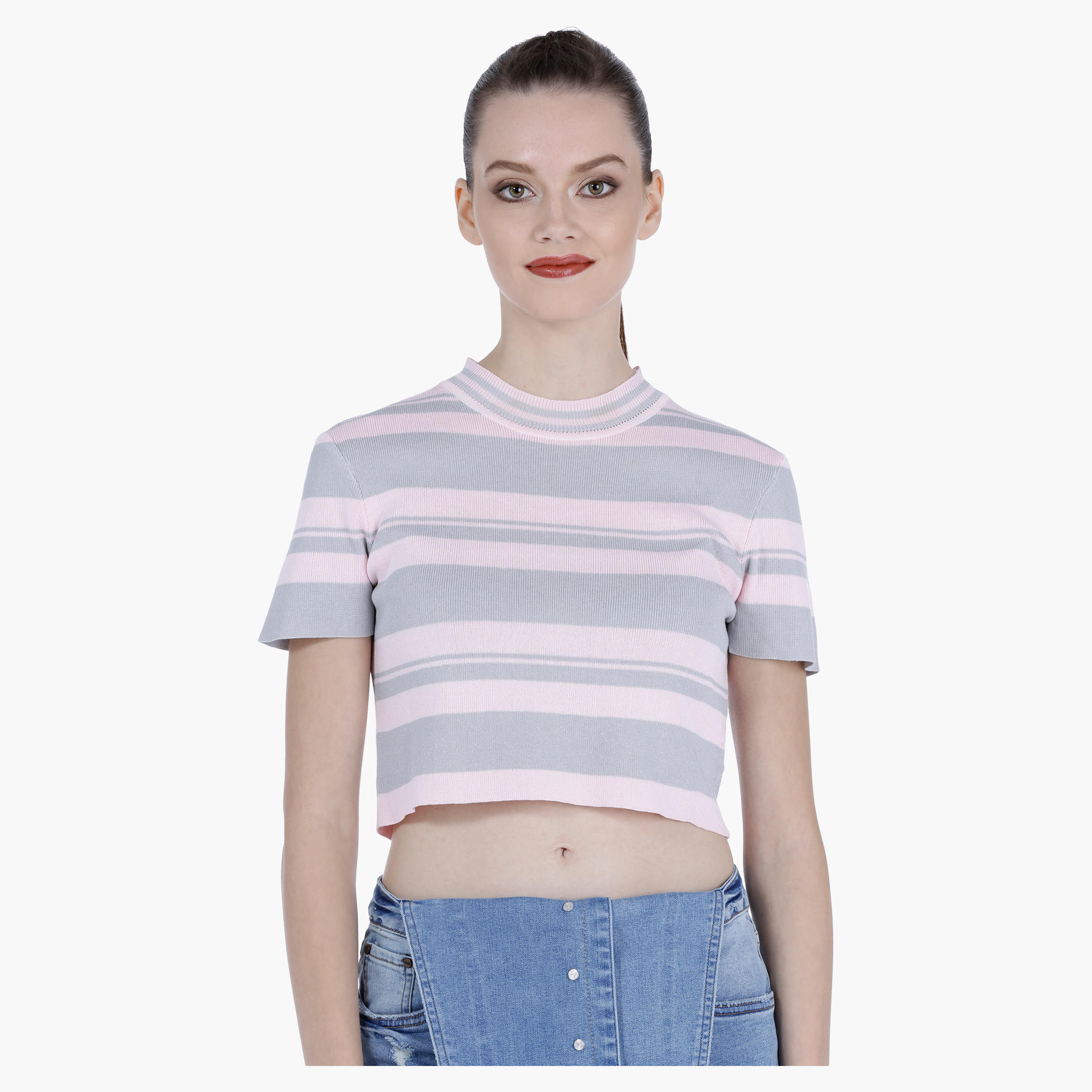 Striped Crop T-shirt with Short Sleeves-women-clothing-tshirts-image-11