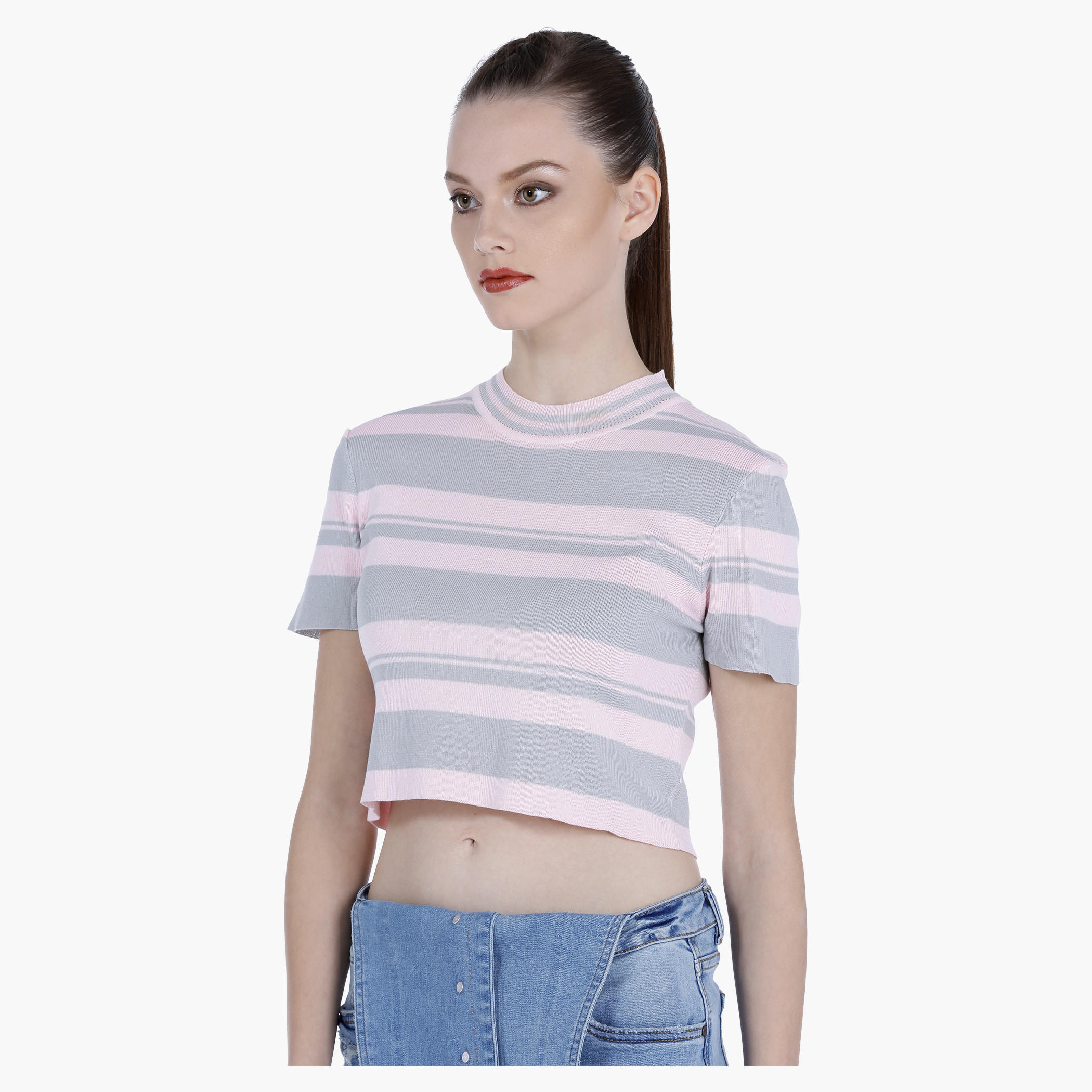 Striped Crop T-shirt with Short Sleeves-women-clothing-tshirts-image-13