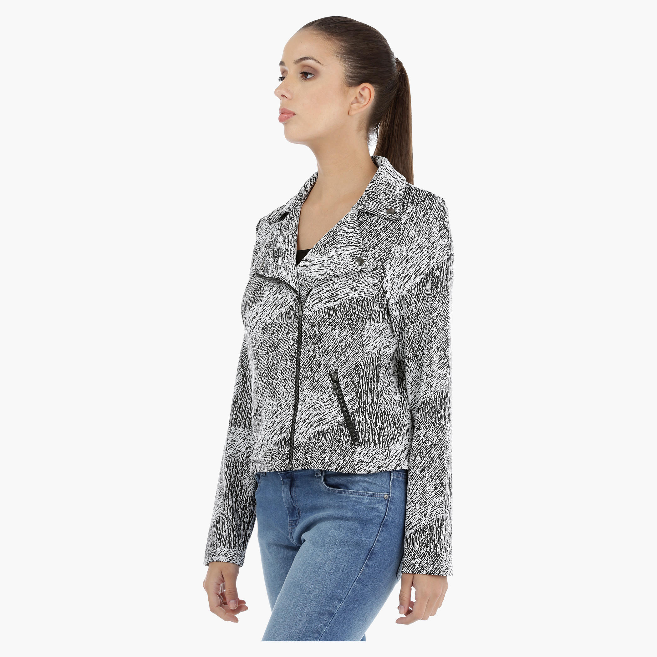 Textured Biker Jacket with Long Sleeves-women-winterwear-coatsandjackets-jackets-image-3