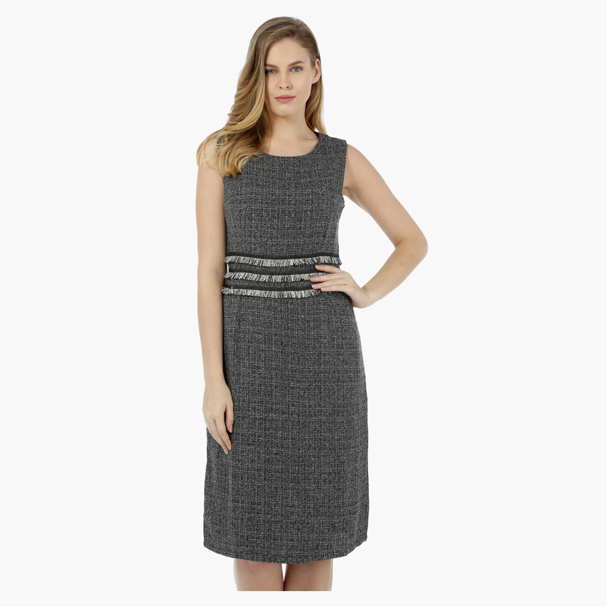 2Xtremz Sleeveless Tweed Dress with Frayed Waist Effect-women-clothing-dresses-image-1