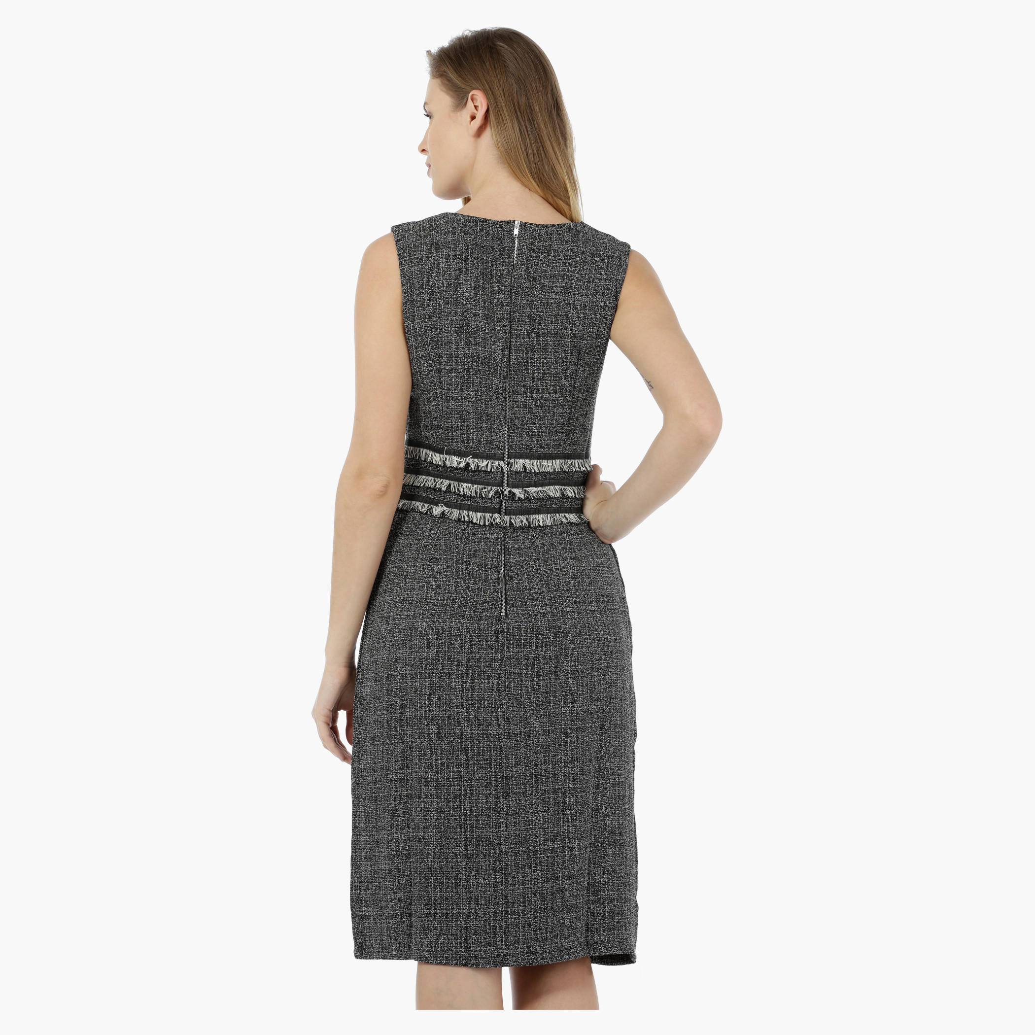 2Xtremz Sleeveless Tweed Dress with Frayed Waist Effect-women-clothing-dresses-image-2
