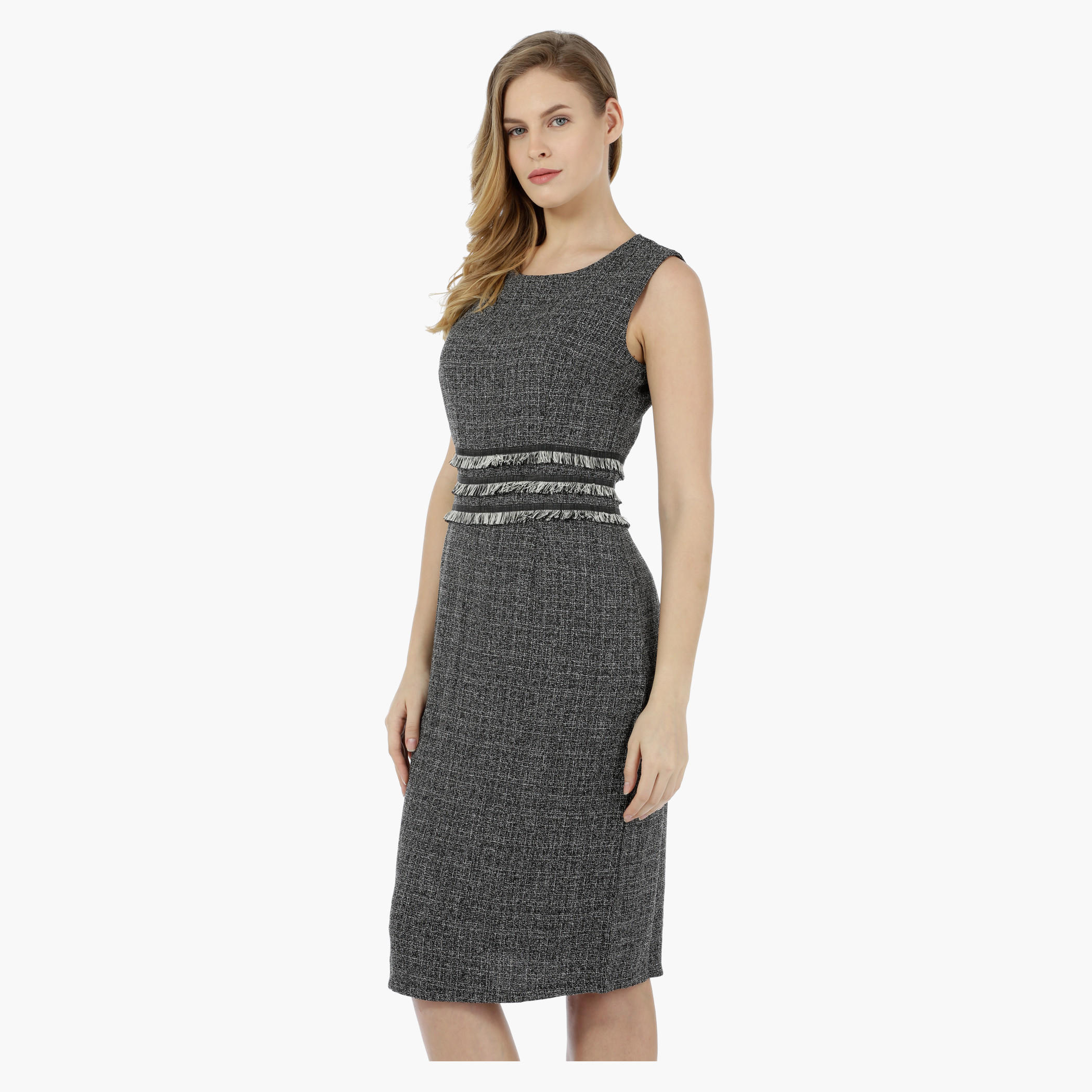 2Xtremz Sleeveless Tweed Dress with Frayed Waist Effect-women-clothing-dresses-image-3
