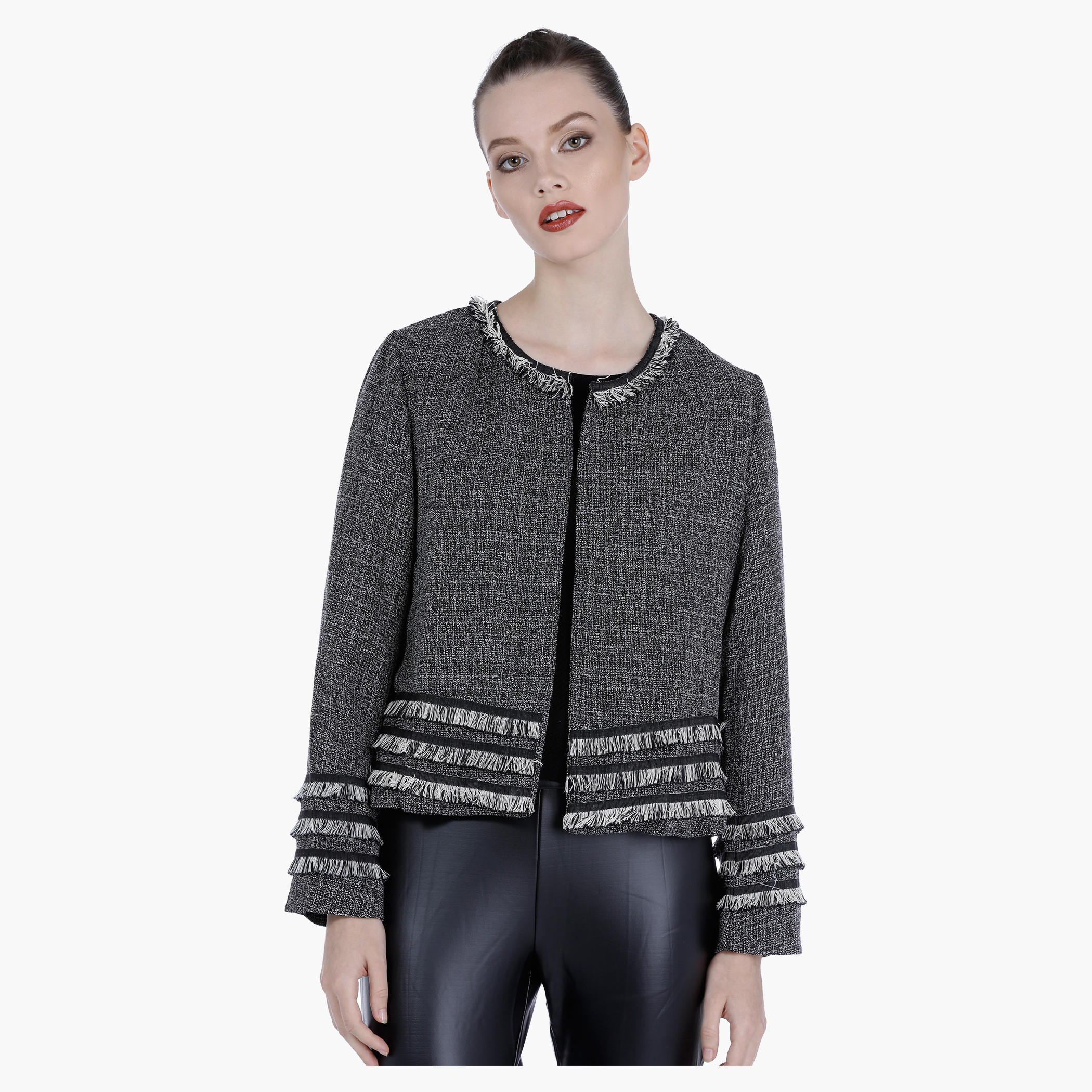 Fringed Open Front Jacket with Long Sleeves-women-winterwear-coatsandjackets-jackets-image-1