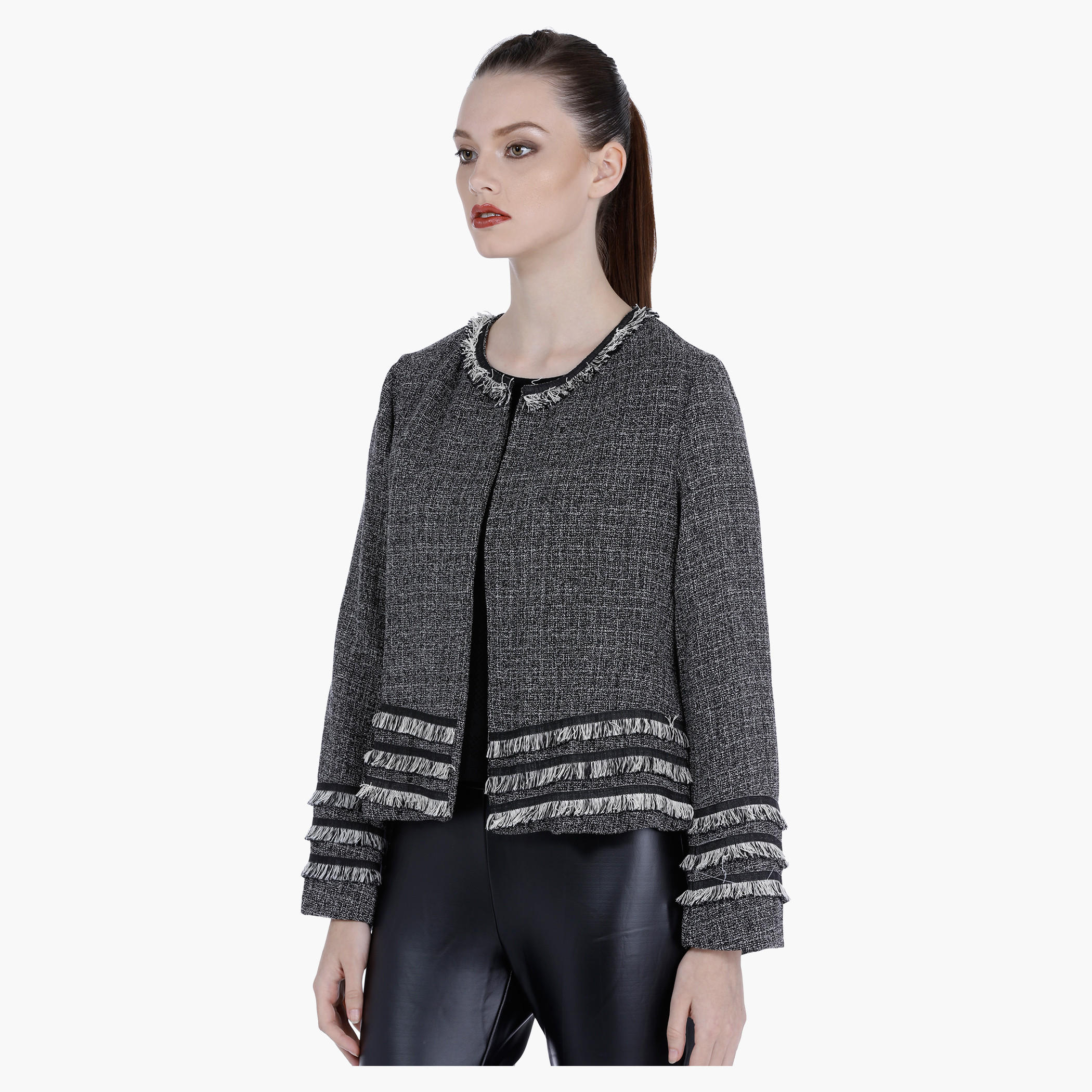 Fringed Open Front Jacket with Long Sleeves-women-winterwear-coatsandjackets-jackets-image-3