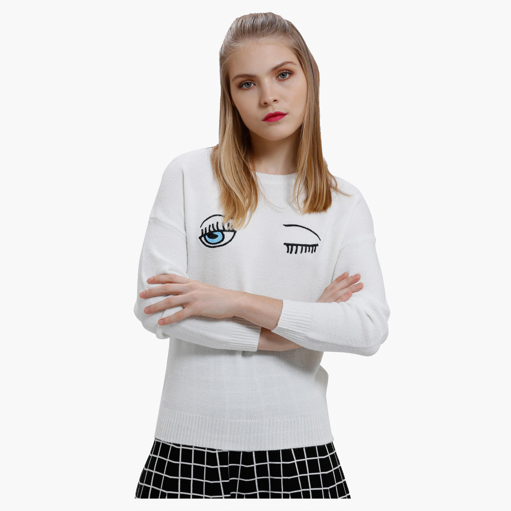 Embroidered Jumper with round Neck and Long Sleeves-women-winterwear-cardigansandjumpers-cardigans-image-1