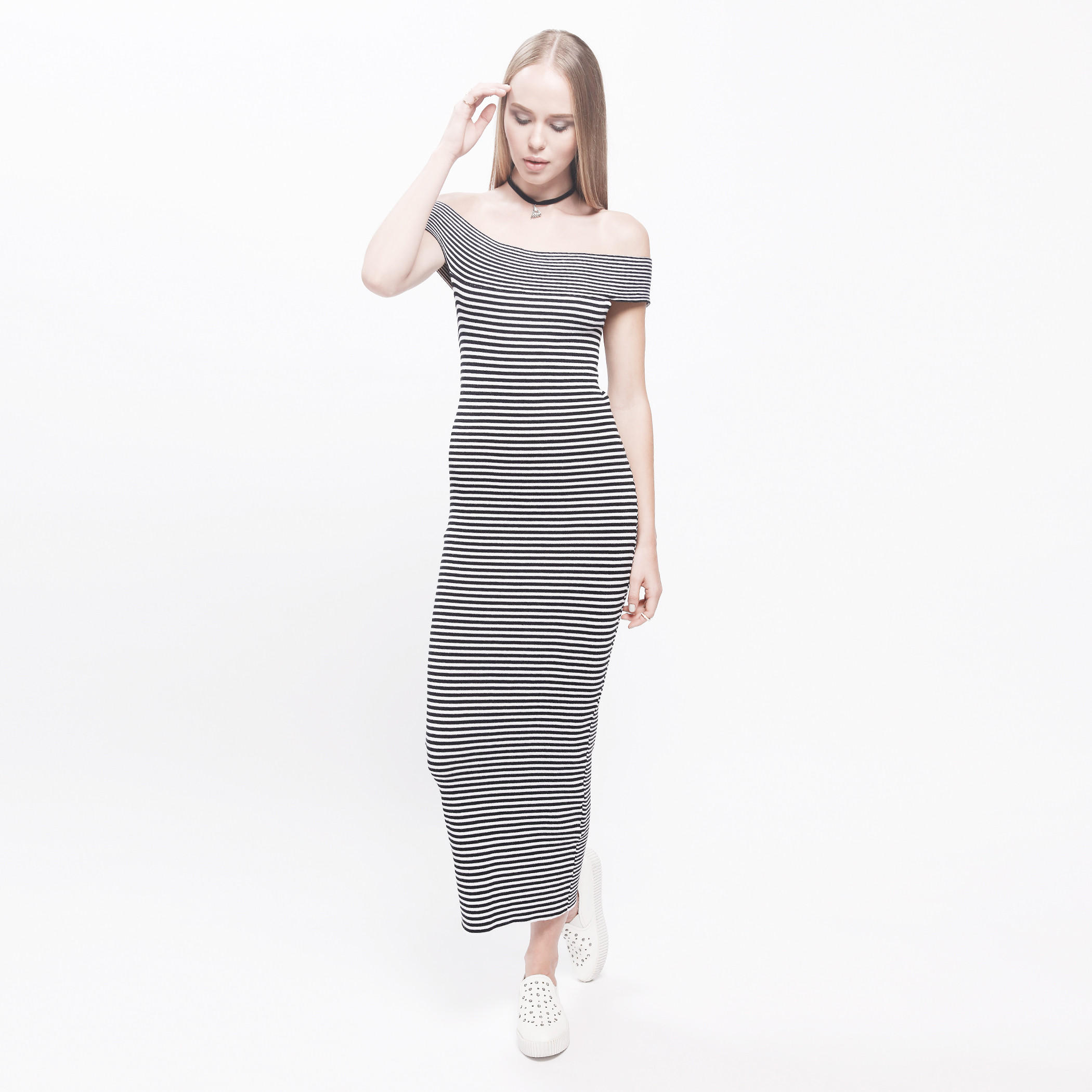 Striped Maxi Dress with Off Shoulder Pattern and Cross Back-women-clothing-dresses-image-1