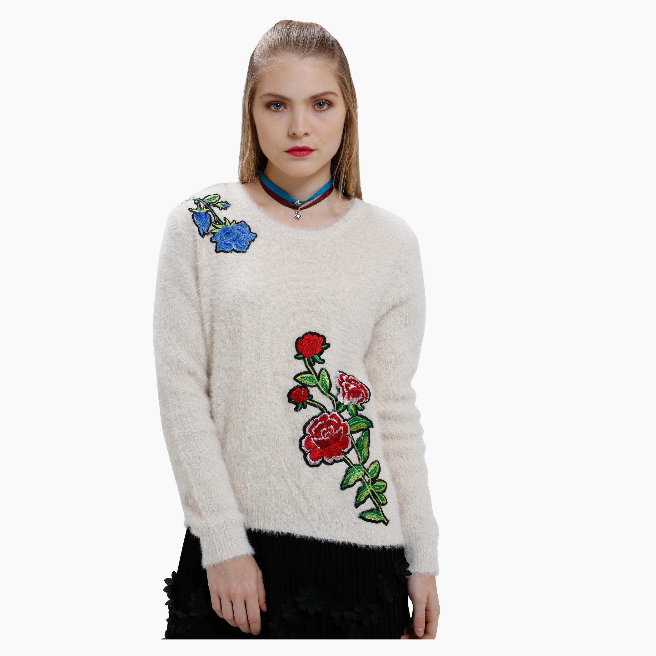 High Low Sweater with Rose Applique and Long Sleeves-women-clothing-cardigansandjumpers-jumpers-image-1