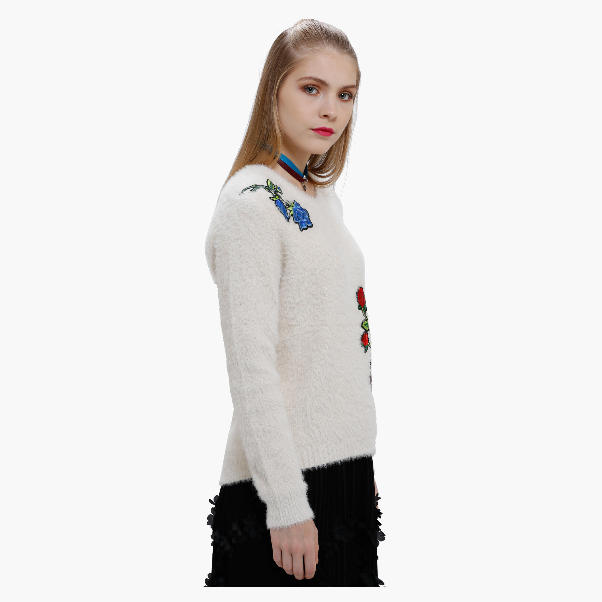 High Low Sweater with Rose Applique and Long Sleeves-women-clothing-cardigansandjumpers-jumpers-image-3