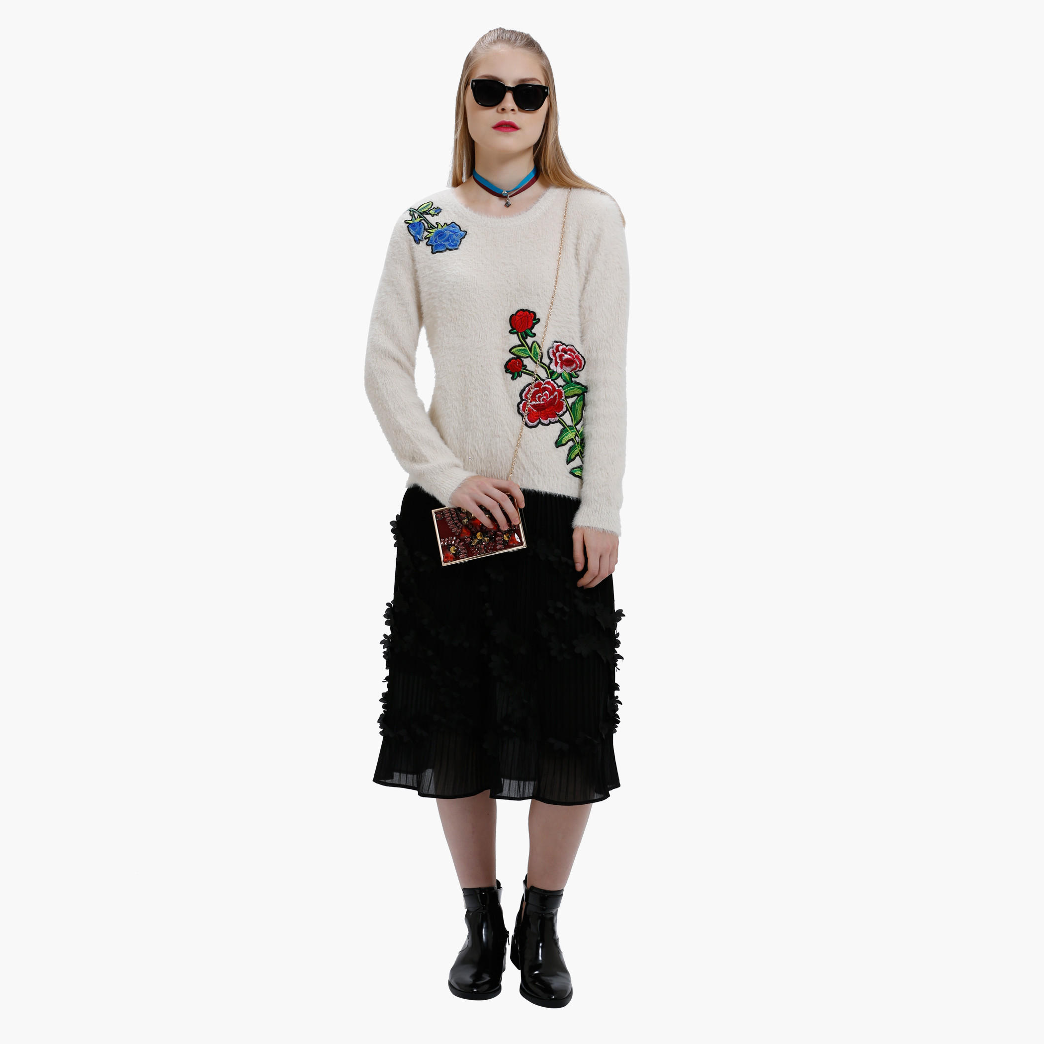 High Low Sweater with Rose Applique and Long Sleeves-women-clothing-cardigansandjumpers-jumpers-image-5