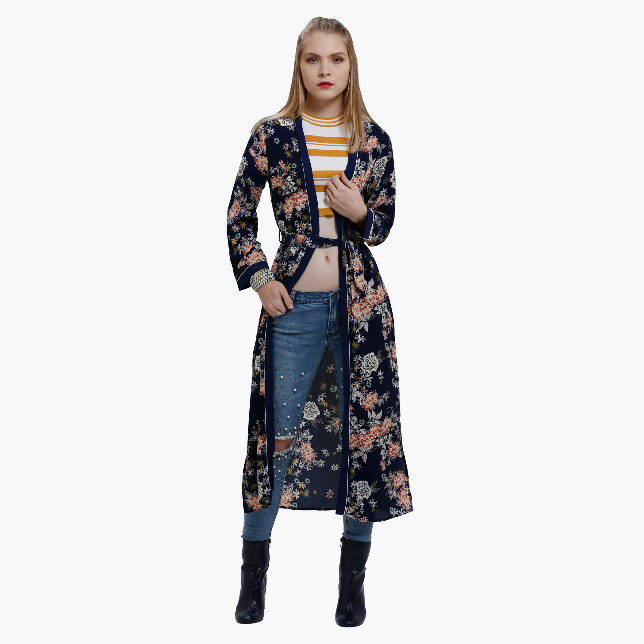 Printed Longline Jacket with Long Sleeves-women-winterwear-cardigansandjumpers-cardigans-image-1