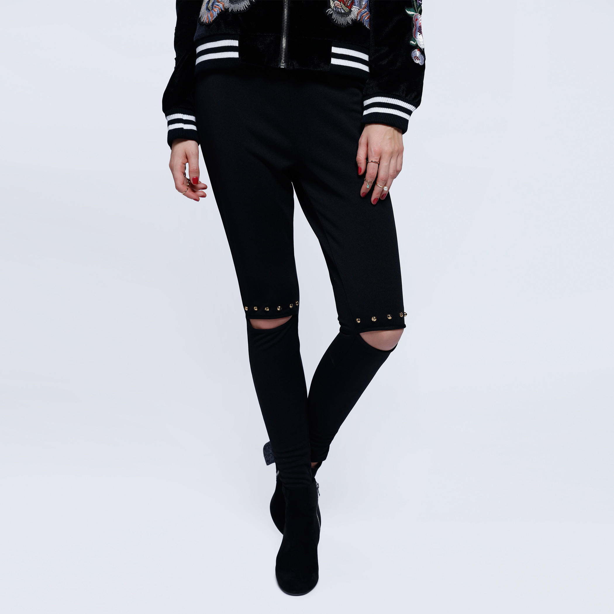 2Xtremz Full Length Pants with Knee Slit and Studded Pattern-women-clothing-bottoms-trousers-image-1