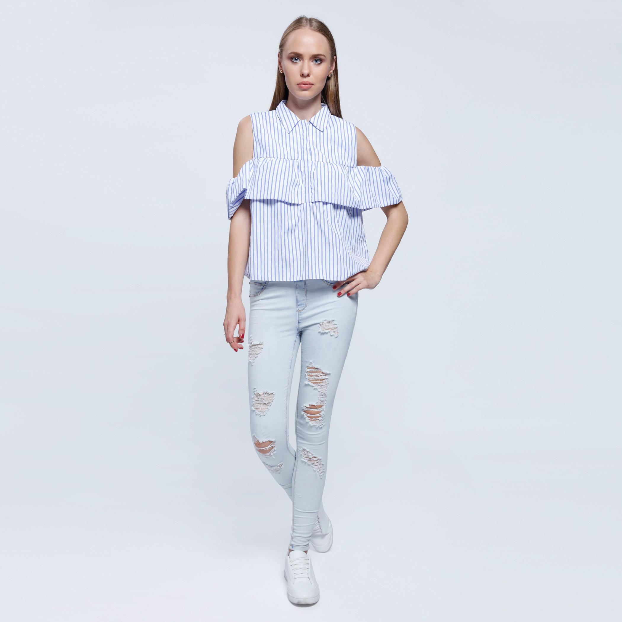 2Xtremz Striped Cold Shoulder Shirt with Ruffle Pattern-women-clothing-shirtsandblouses-blouses-image-1