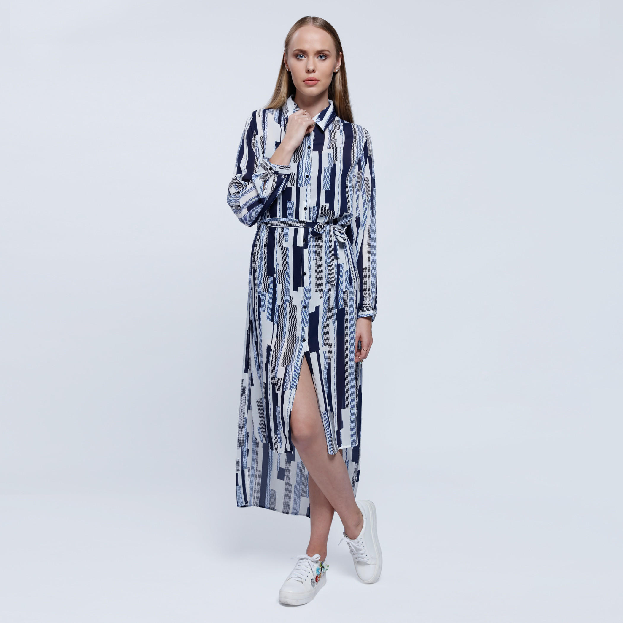 2Xtremz Printed Long Shirt Dress with Long Sleeves and Tie Up-women-clothing-dresses-image-1