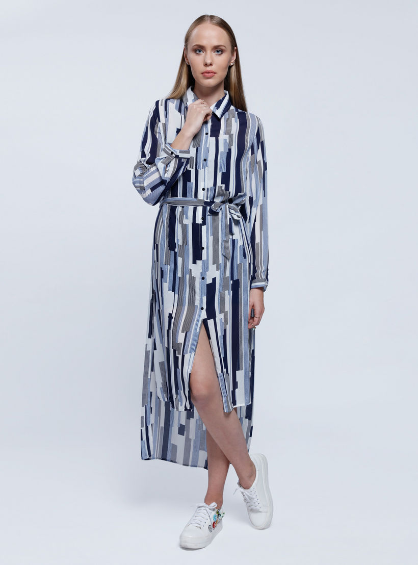 2Xtremz Printed Long Shirt Dress with Long Sleeves and Tie Up-women-clothing-dresses-image-1