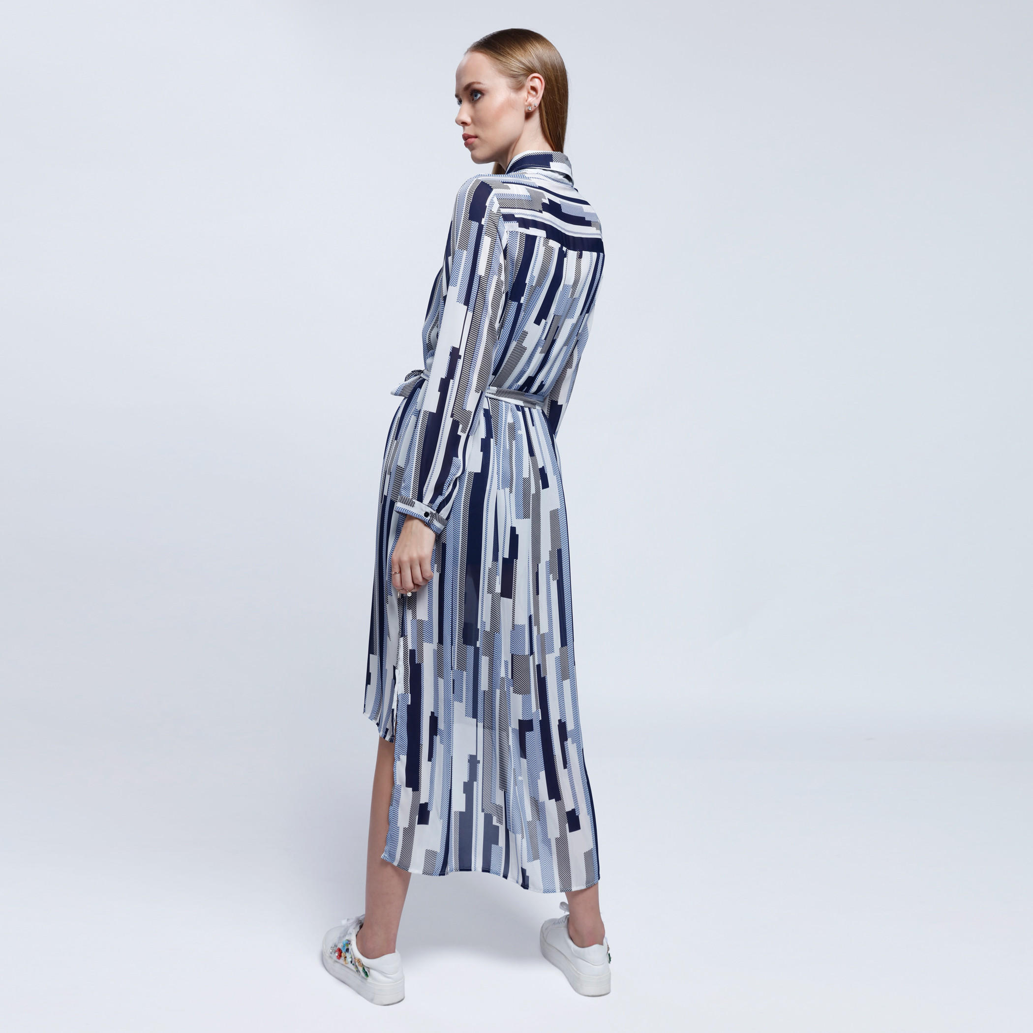 2Xtremz Printed Long Shirt Dress with Long Sleeves and Tie Up-women-clothing-dresses-image-2