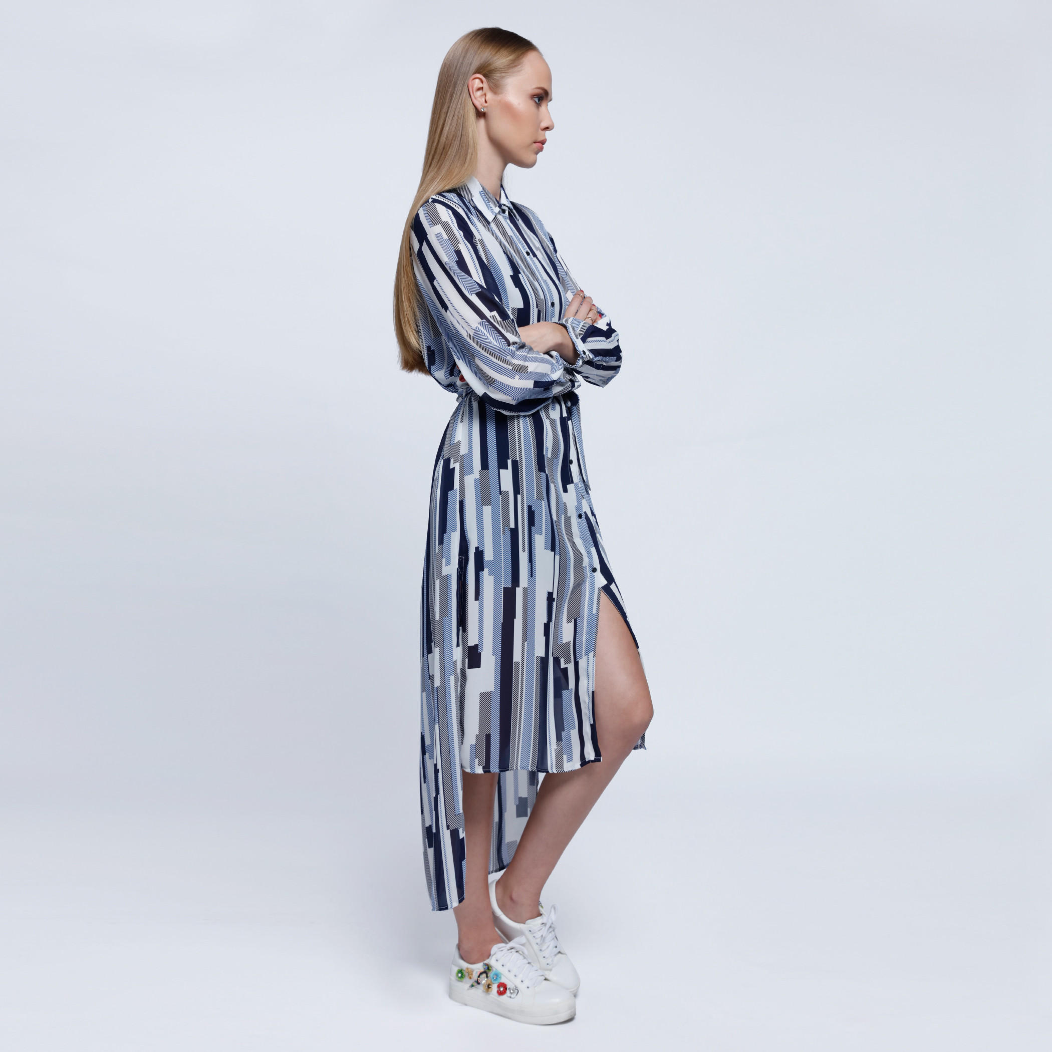 2Xtremz Printed Long Shirt Dress with Long Sleeves and Tie Up-women-clothing-dresses-image-3