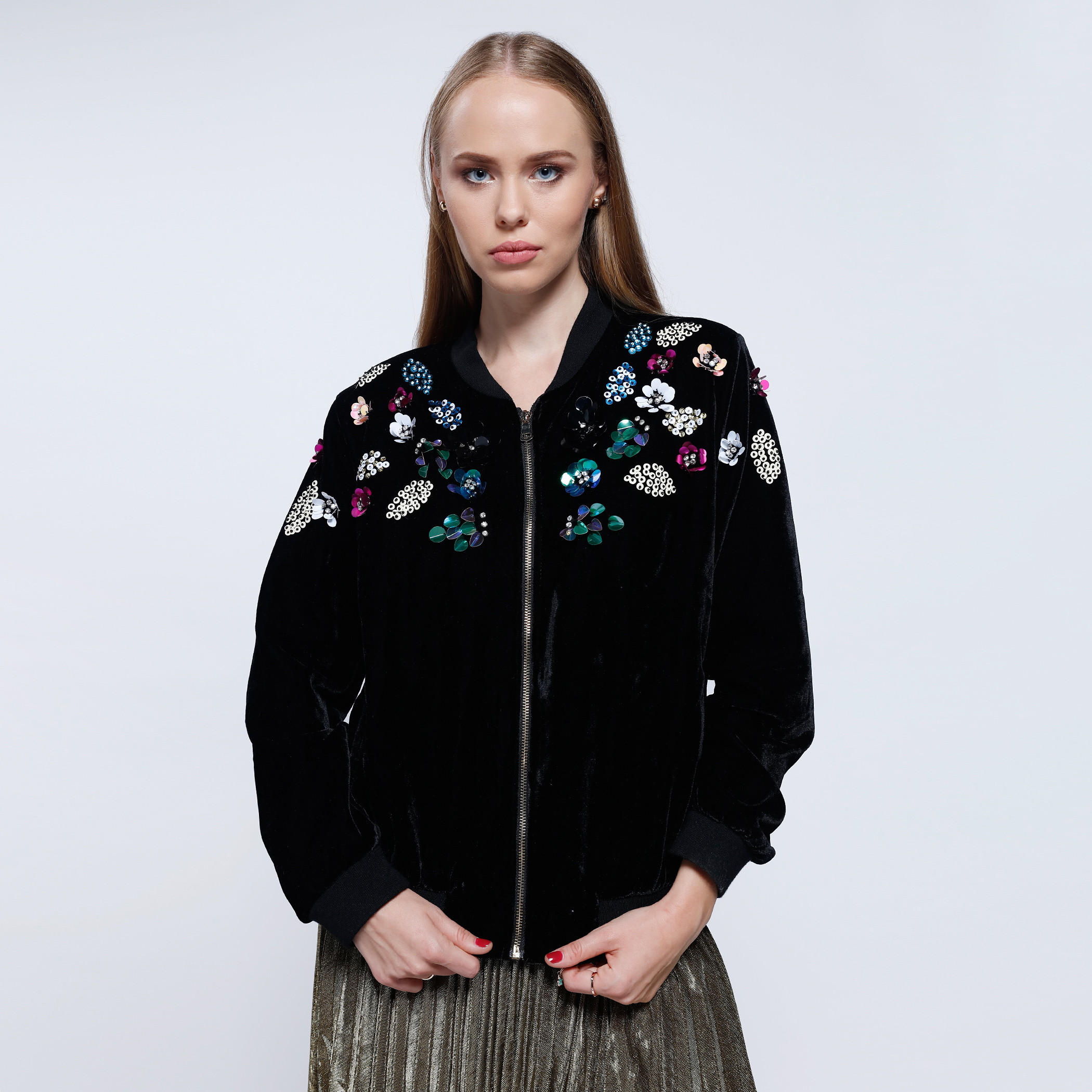 2Xtremz Embroidered Velour Blouson Jacket with Zip Closure and Long Sleeves-women-winterwear-coatsandjackets-jackets-image-1