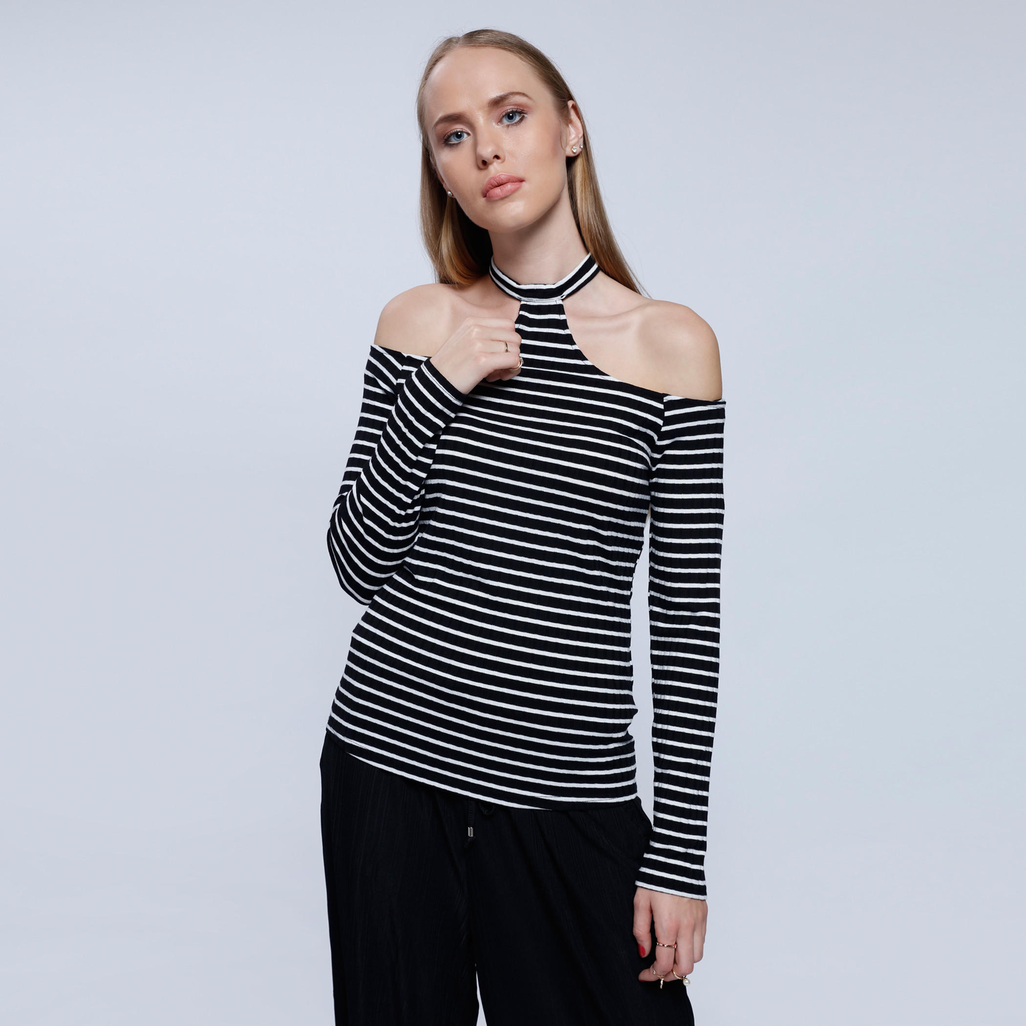 2Xtremz Striped Cold Shoulder Top with Halter Neck-women-clothing-shirtsandblouses-blouses-image-1