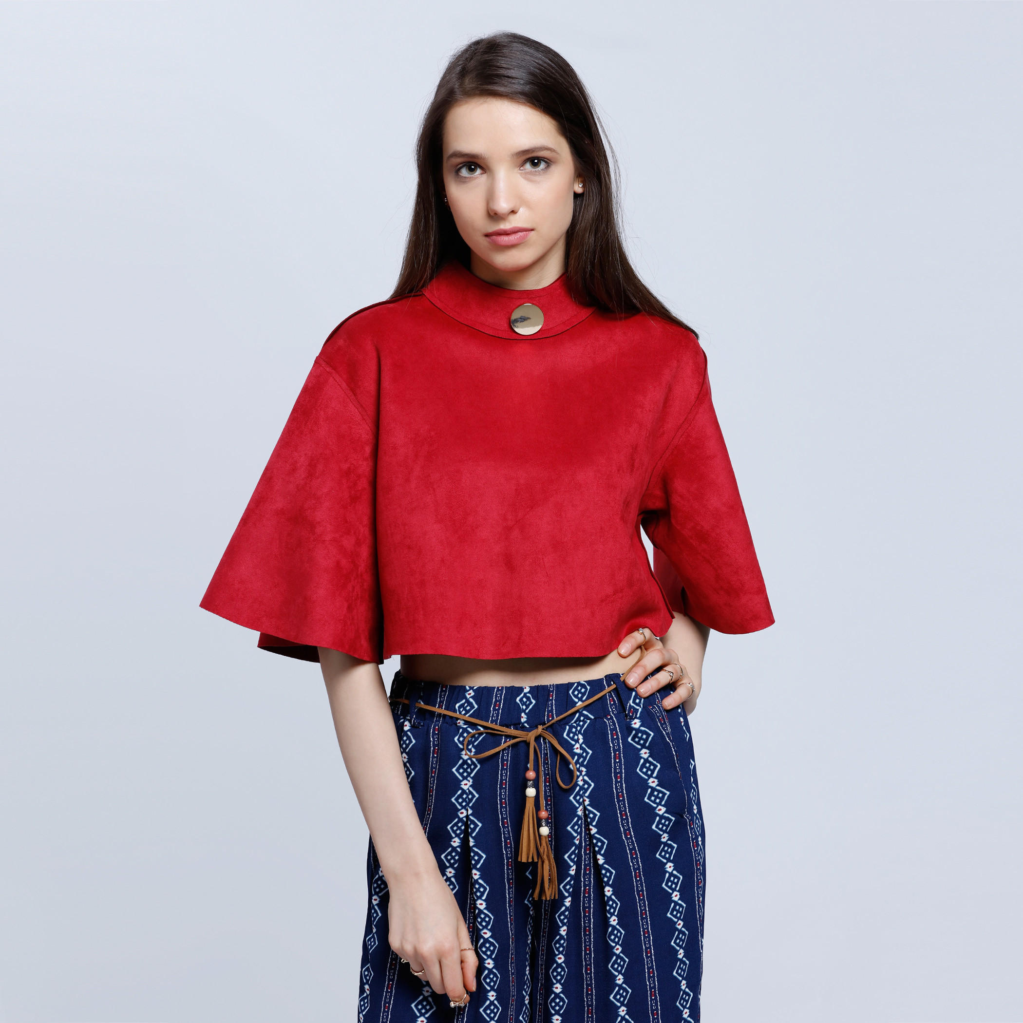 Crop Suede Boxy Top with Button Embellishment-women-clothing-shirtsandblouses-blouses-image-5