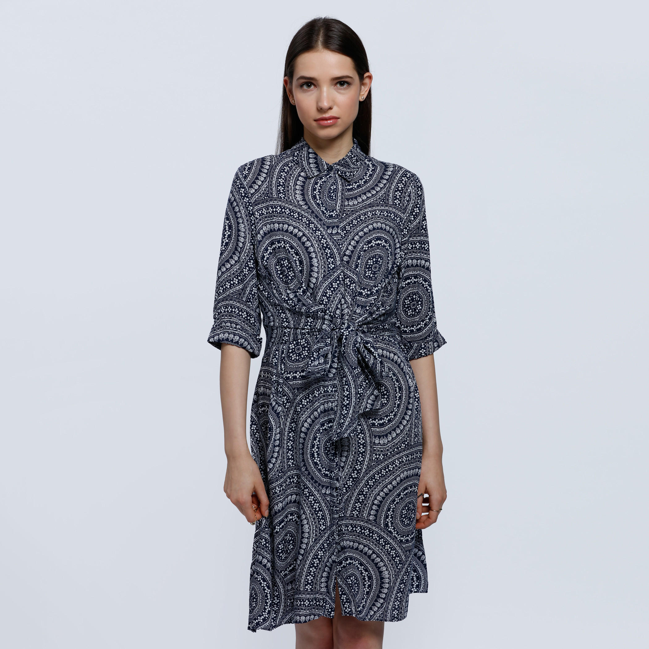 Shirt Dress with Tie-Up Detail At Waist and Floral Print-women-clothing-dresses-image-1