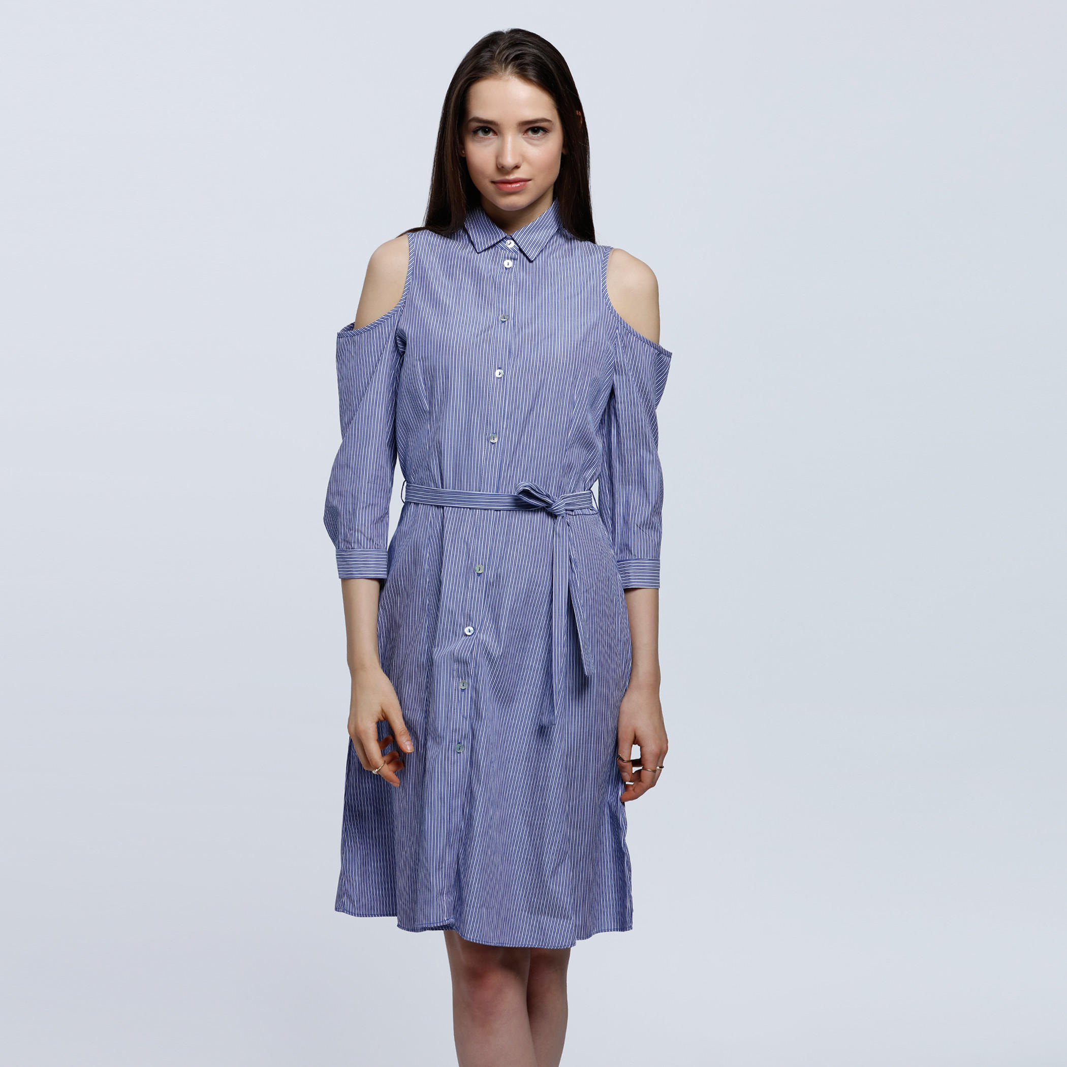 Striped Shirt Dress with Cut-Out Shoulder-women-clothing-dresses-image-1