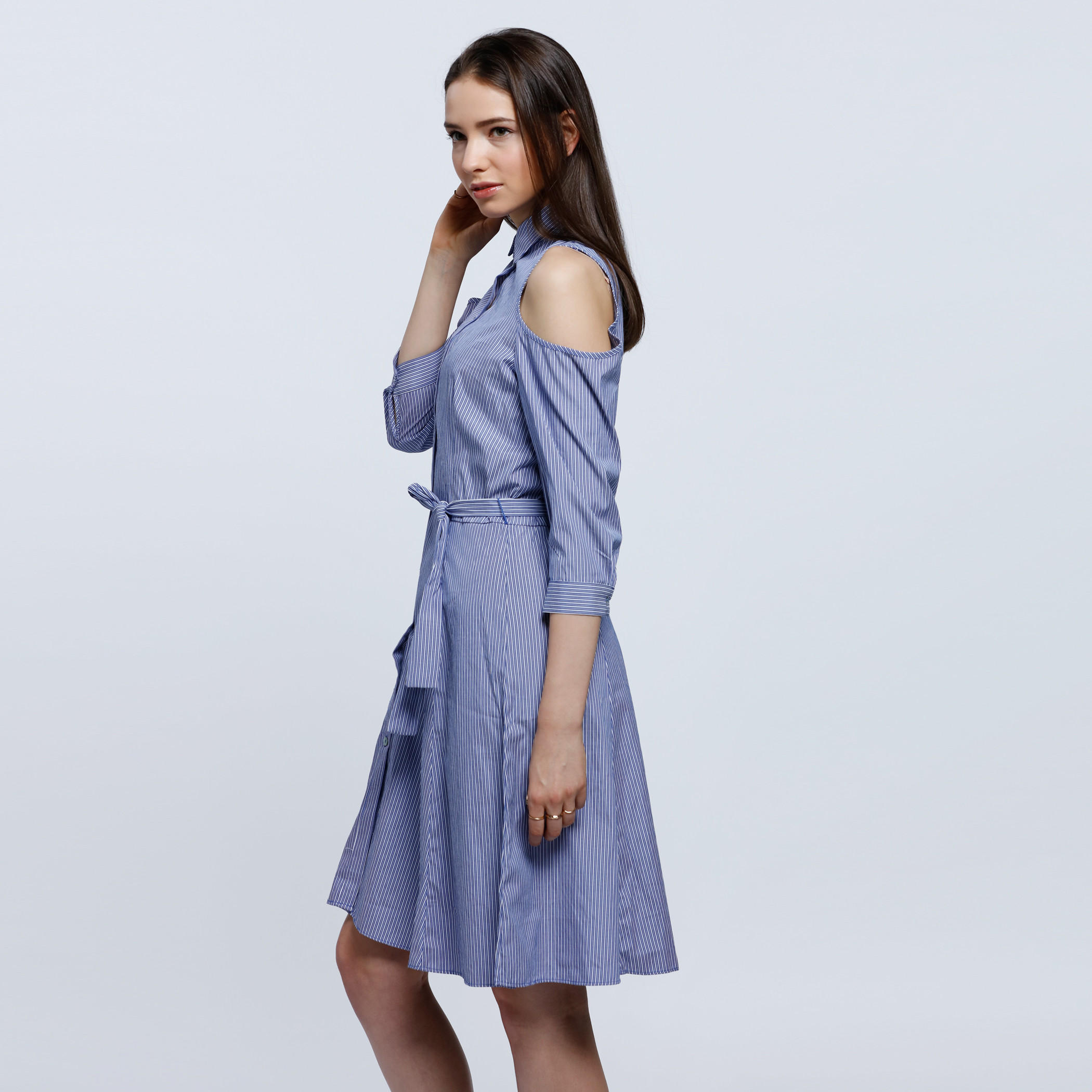 Striped Shirt Dress with Cut-Out Shoulder-women-clothing-dresses-image-3