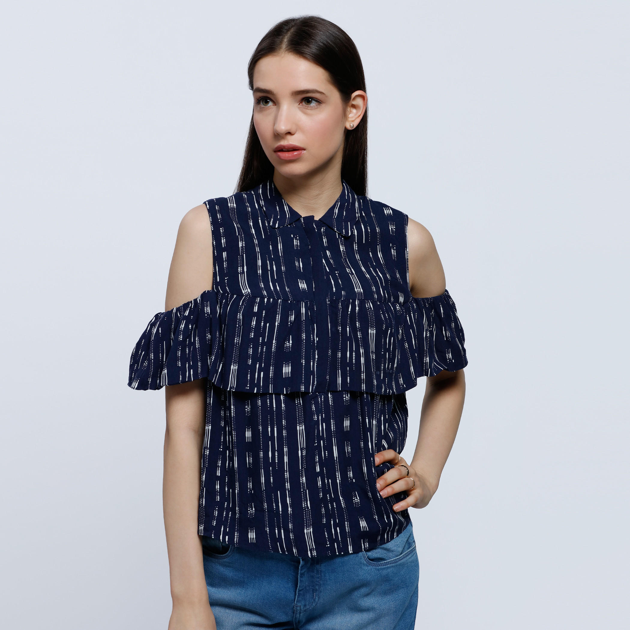 Pinstriped Shirt with Ruffle and Cold Shoulder-women-clothing-shirtsandblouses-blouses-image-5
