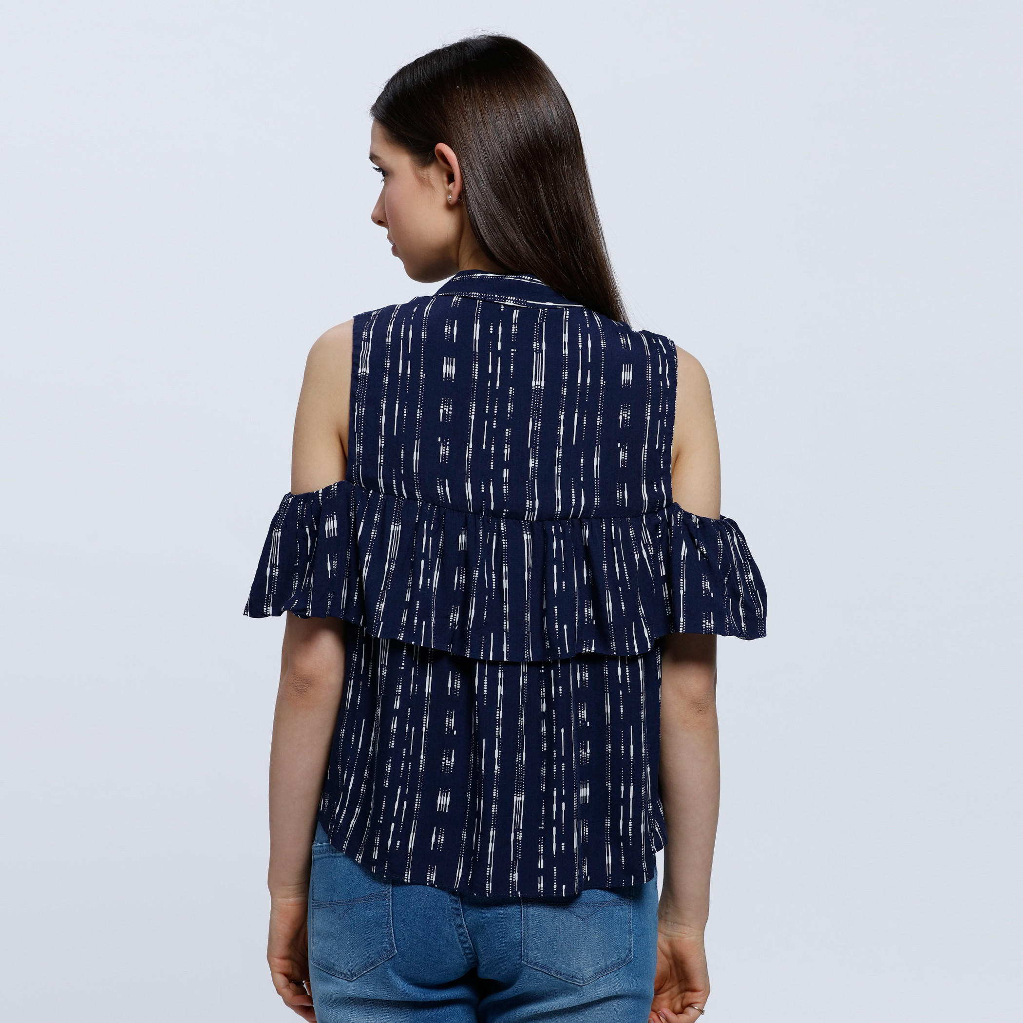 Pinstriped Shirt with Ruffle and Cold Shoulder-women-clothing-shirtsandblouses-blouses-image-4