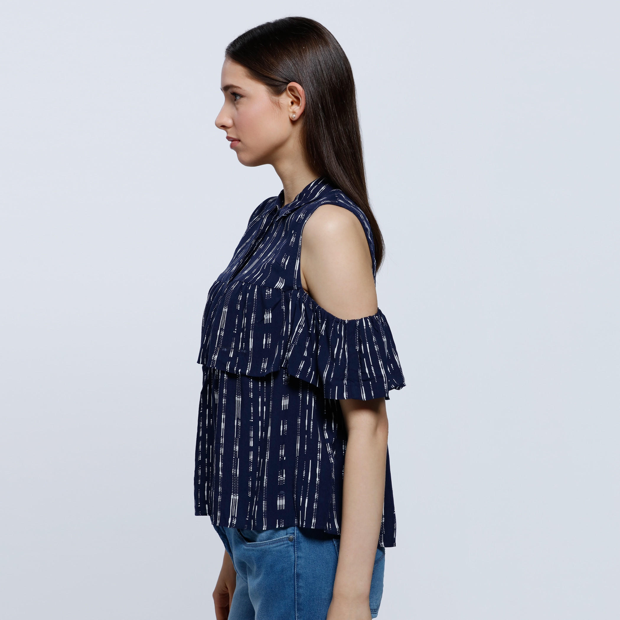 Pinstriped Shirt with Ruffle and Cold Shoulder-women-clothing-shirtsandblouses-blouses-image-3