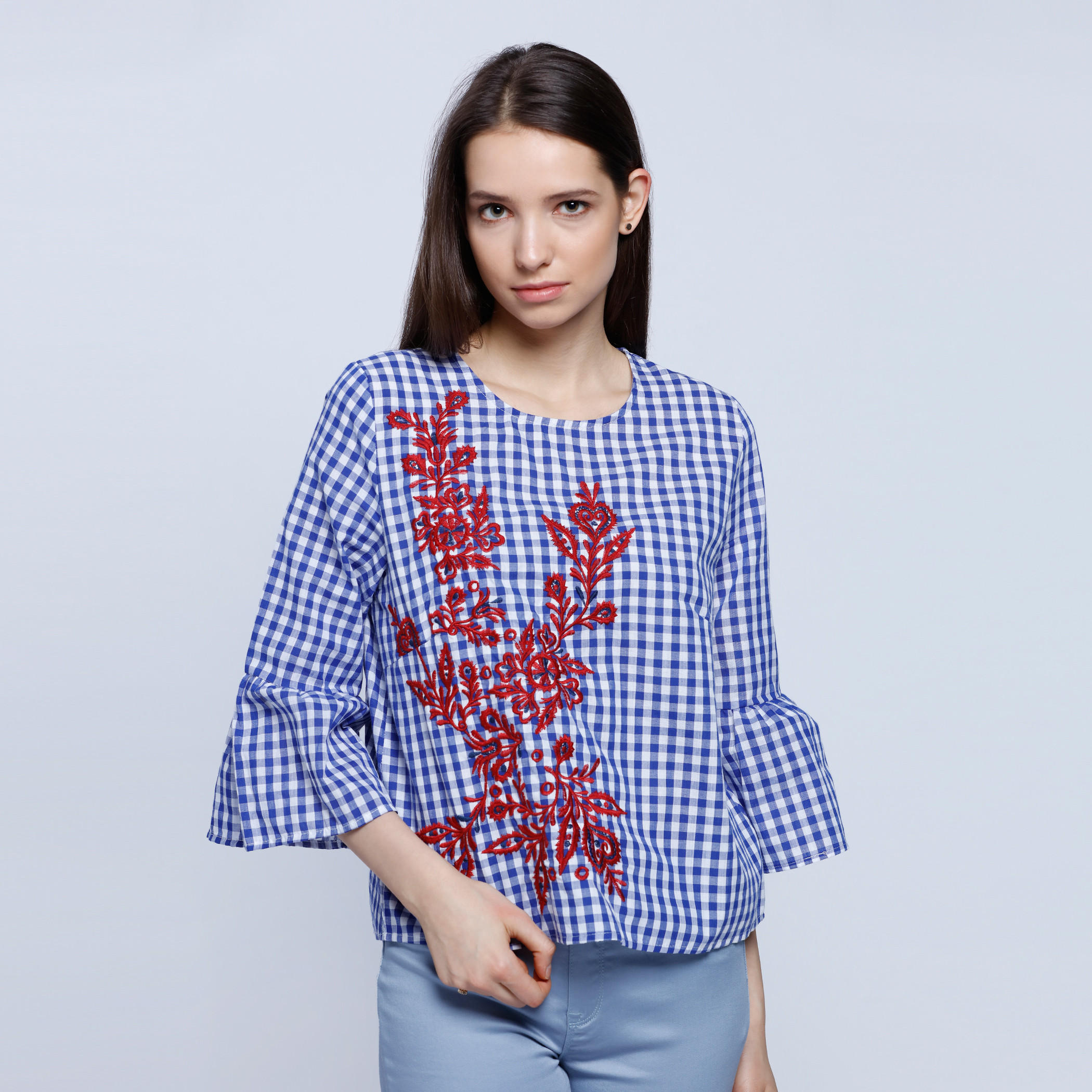 2Xtremz Gingham Chequered Top with Round Neckline-women-clothing-shirtsandblouses-blouses-image-1
