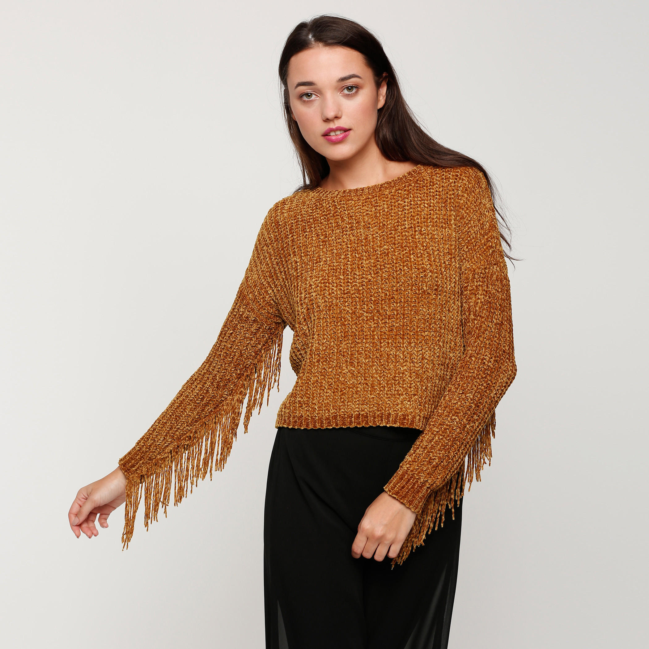 Round Neck Sweater with Fringed Sleeves-women-clothing-cardigansandjumpers-jumpers-image-1