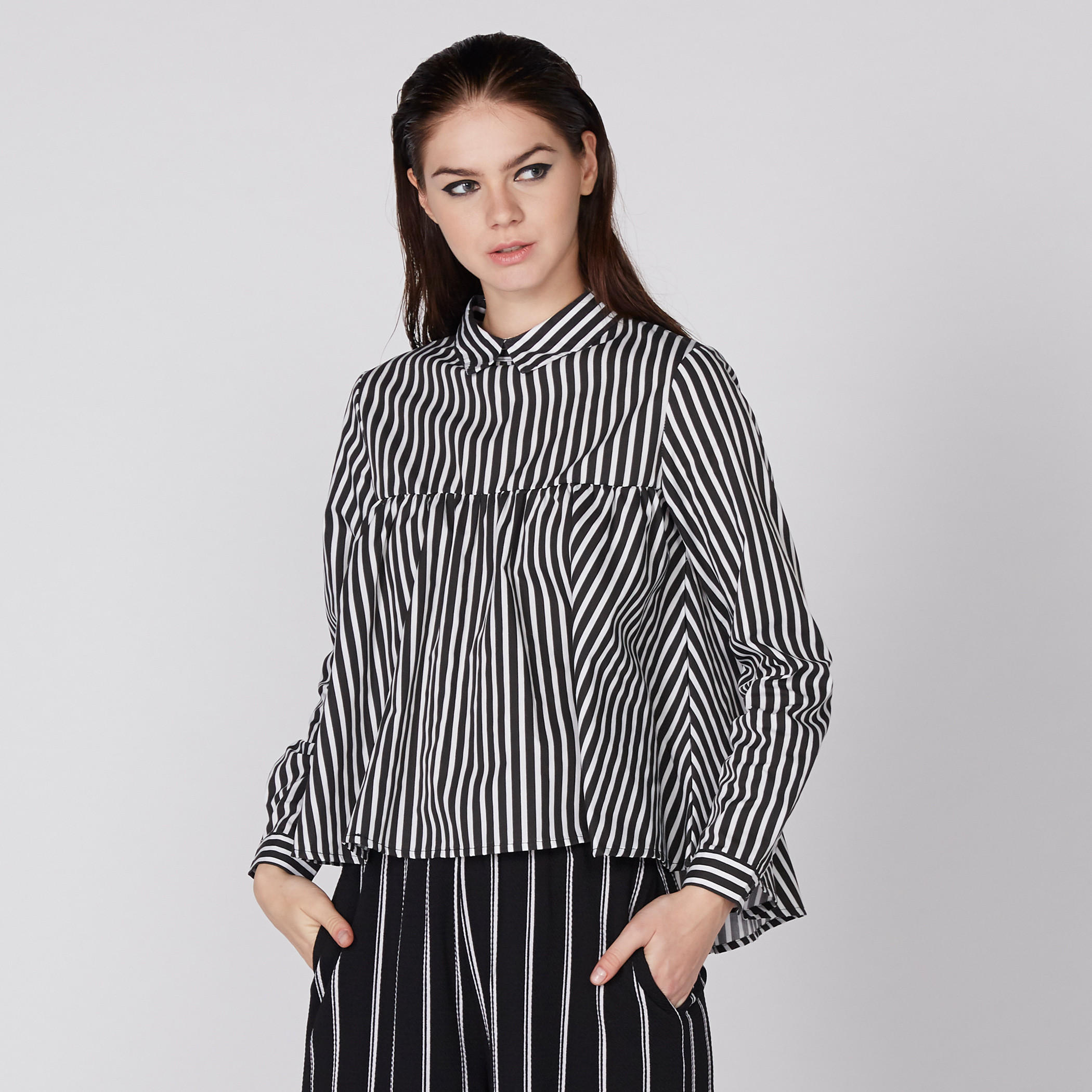 بلوزة مقلّمة بأكمام طويلة وحوّاف غير مستوية-women-clothing-shirtsandblouses-blouses-image-2