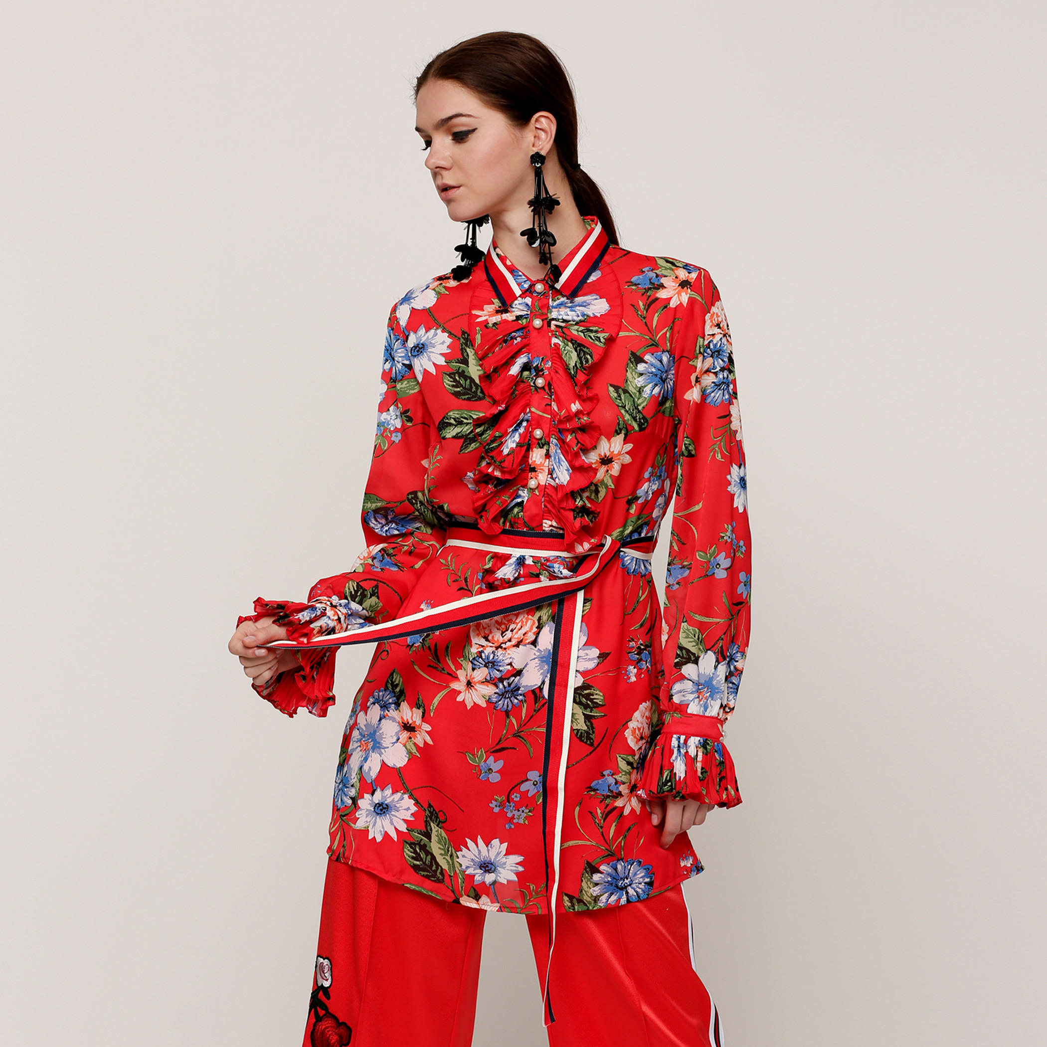بلوزة طويلة بأكمام طويلة ورباط مع طبعات-women-clothing-shirtsandblouses-blouses-image-1