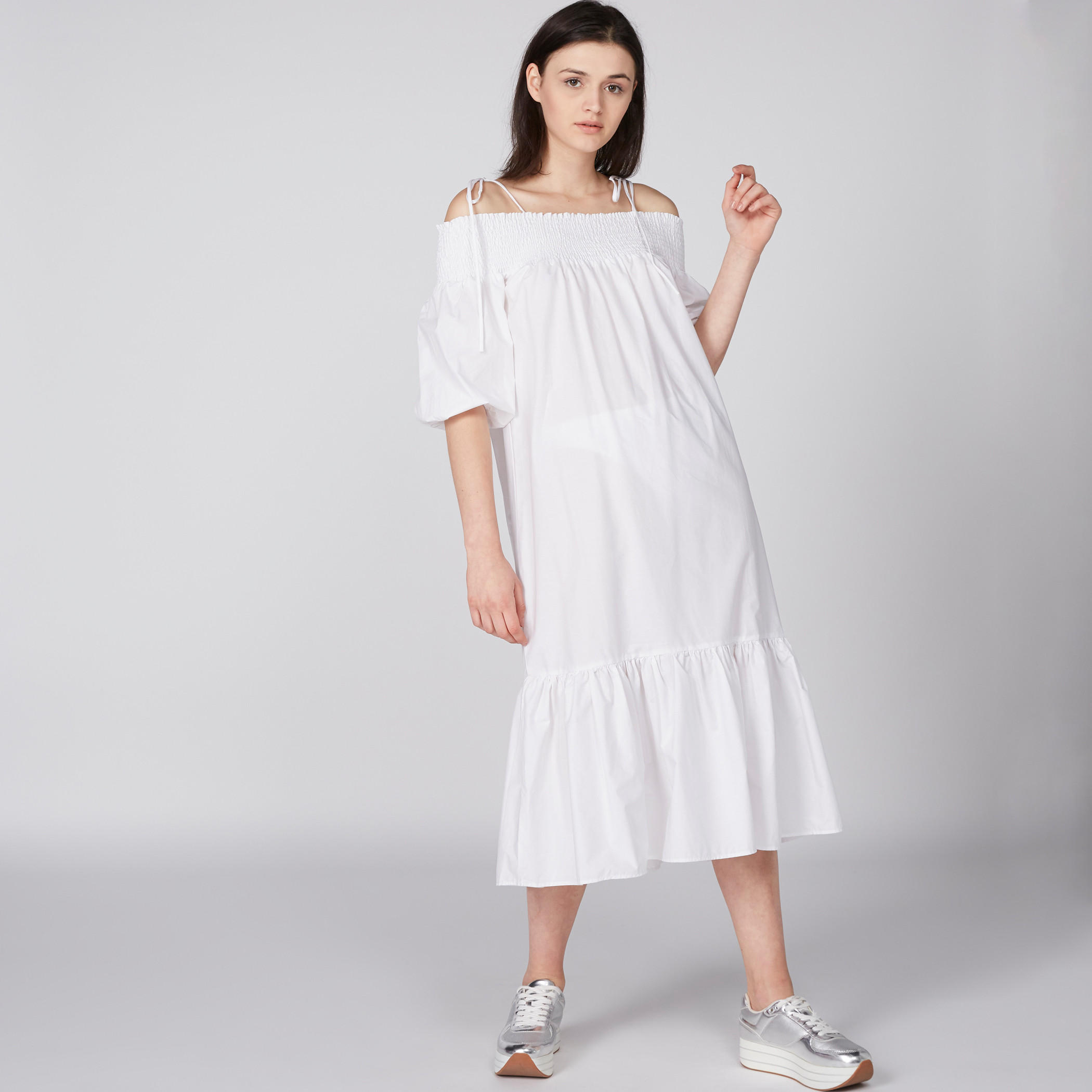 فستان بوبلين مكشوف الأكتاف بدرزات ورباط-women-clothing-dresses-image-1