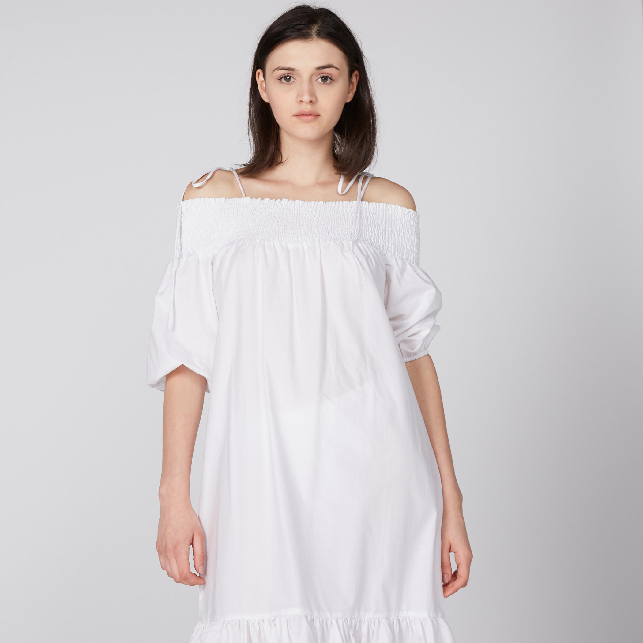 فستان بوبلين مكشوف الأكتاف بدرزات ورباط-women-clothing-dresses-image-2