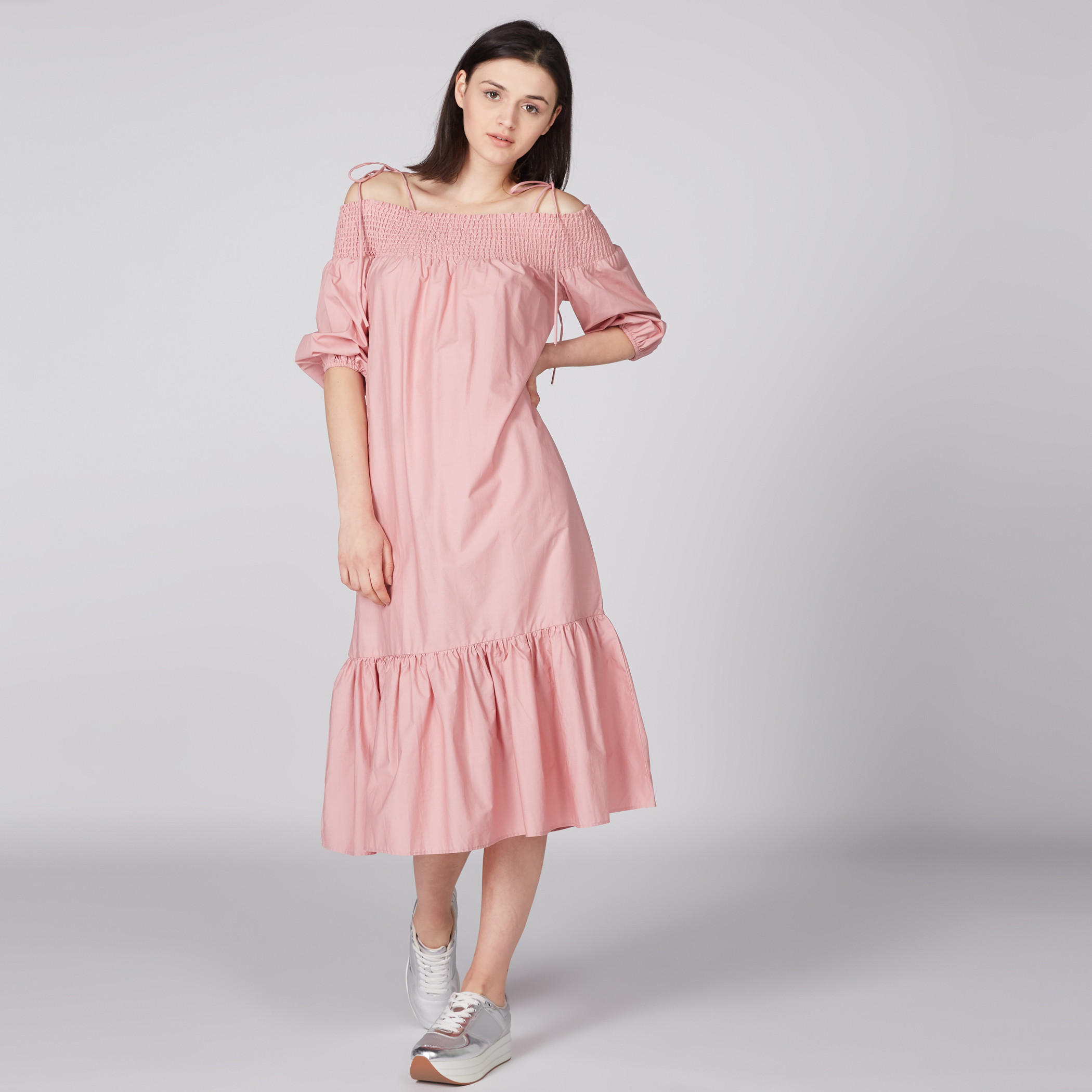 فستان متوسط الطول بأربطة ودرزات-women-clothing-dresses-image-1