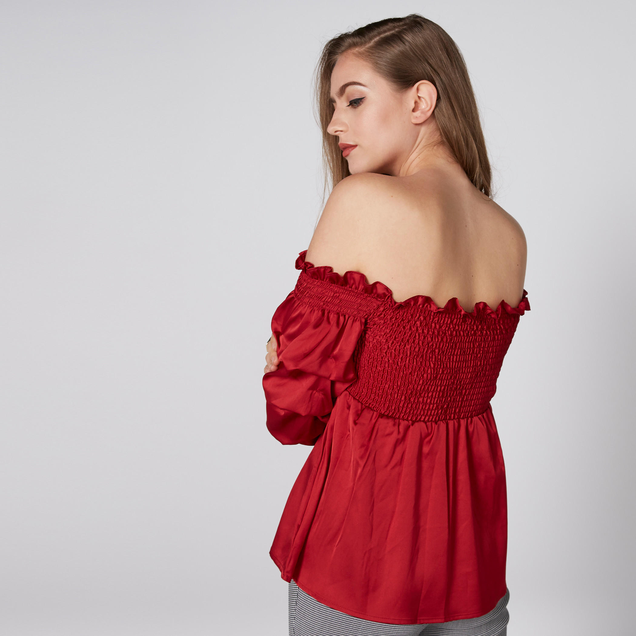بلوزة مكشوفة الأكتاف بأكمام 3/4 ودرزات-women-clothing-shirtsandblouses-blouses-image-2