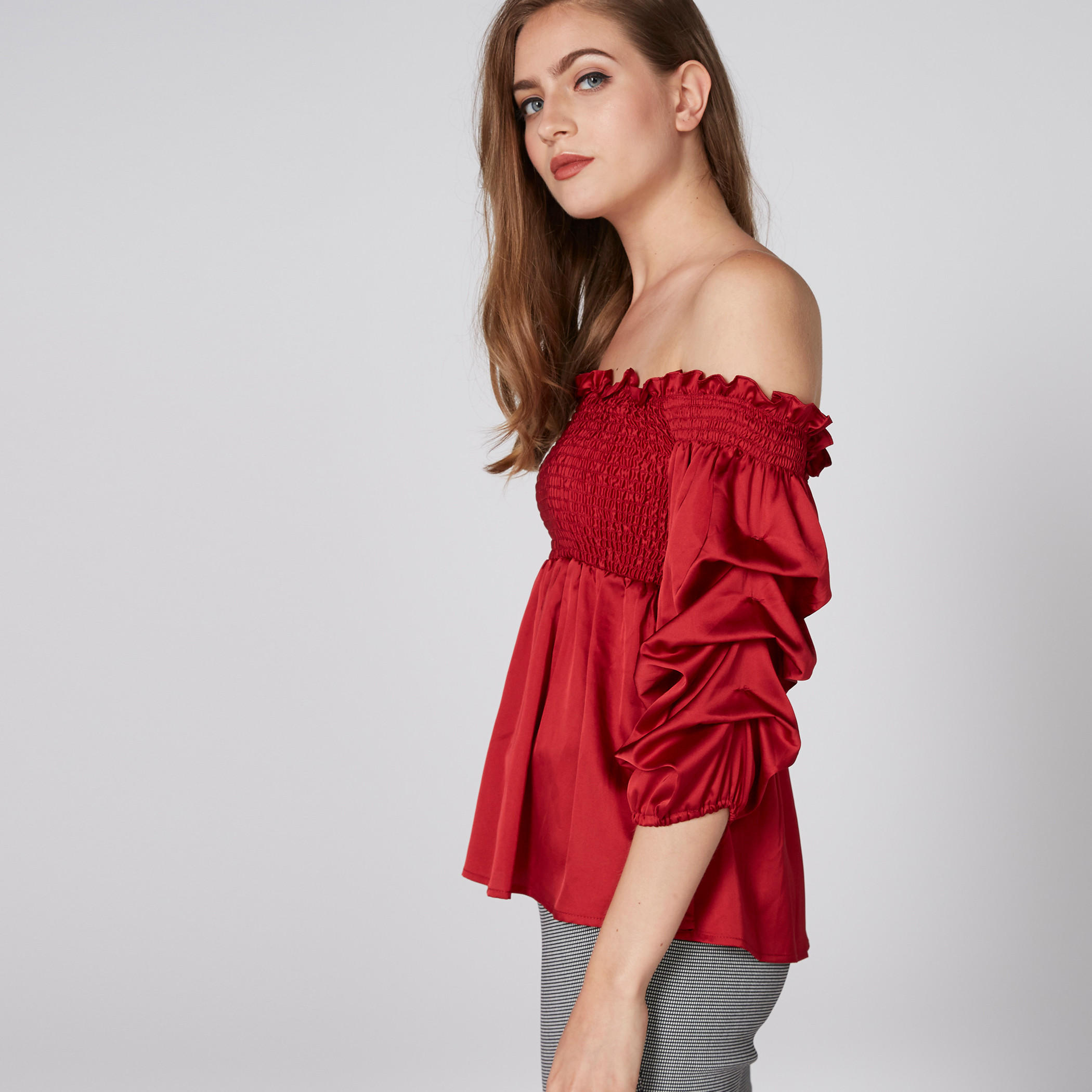بلوزة مكشوفة الأكتاف بأكمام 3/4 ودرزات-women-clothing-shirtsandblouses-blouses-image-3
