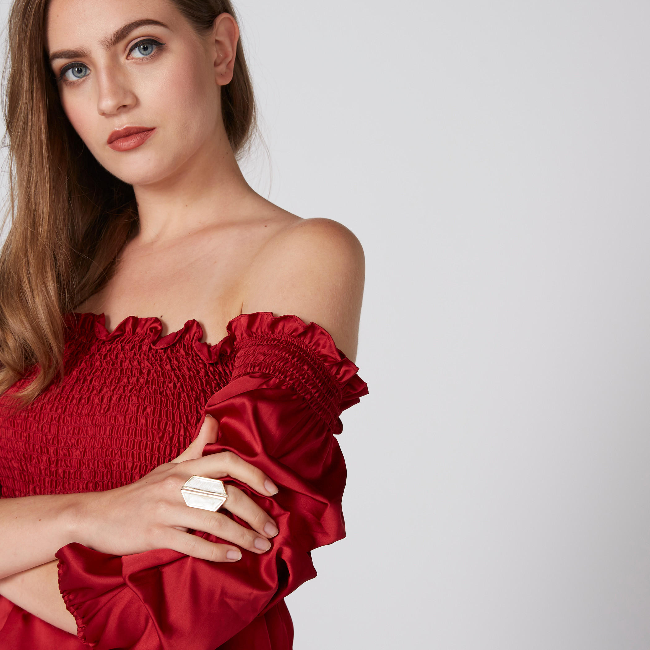 بلوزة مكشوفة الأكتاف بأكمام 3/4 ودرزات-women-clothing-shirtsandblouses-blouses-image-4