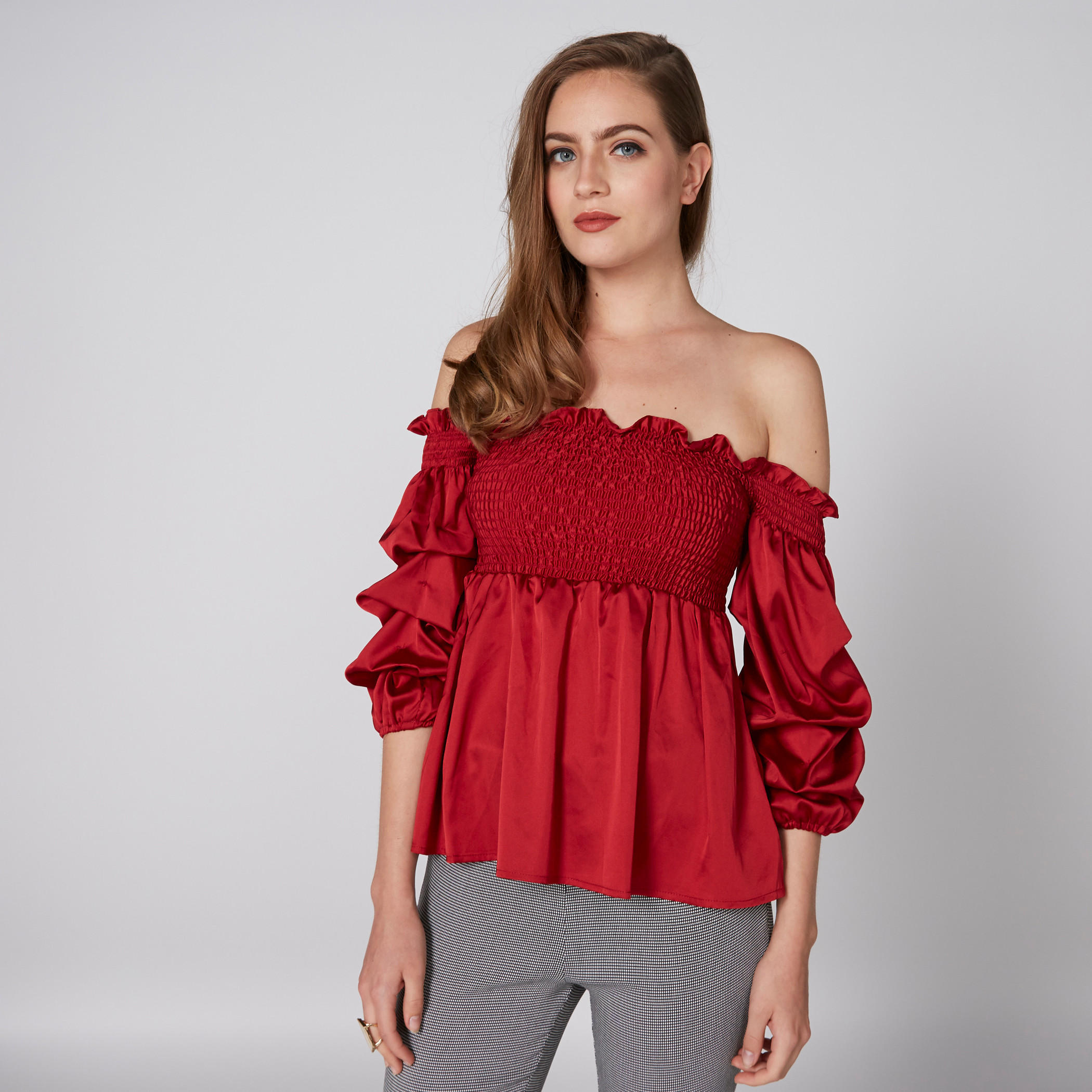 بلوزة مكشوفة الأكتاف بأكمام 3/4 ودرزات-women-clothing-shirtsandblouses-blouses-image-5