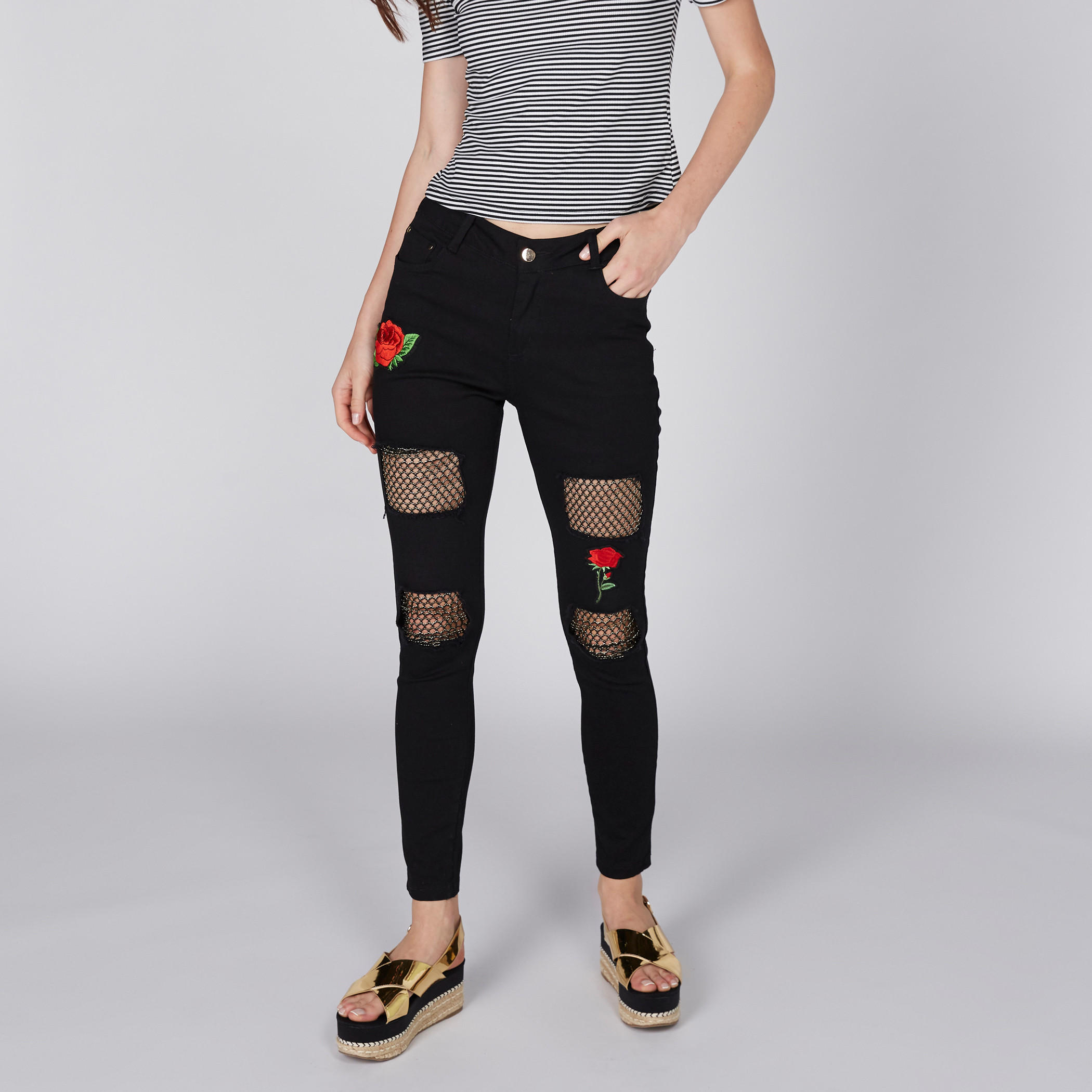 Full Length Jeans with Mesh Insert and Rose Applique-women-clothing-bottoms-jeans-image-2