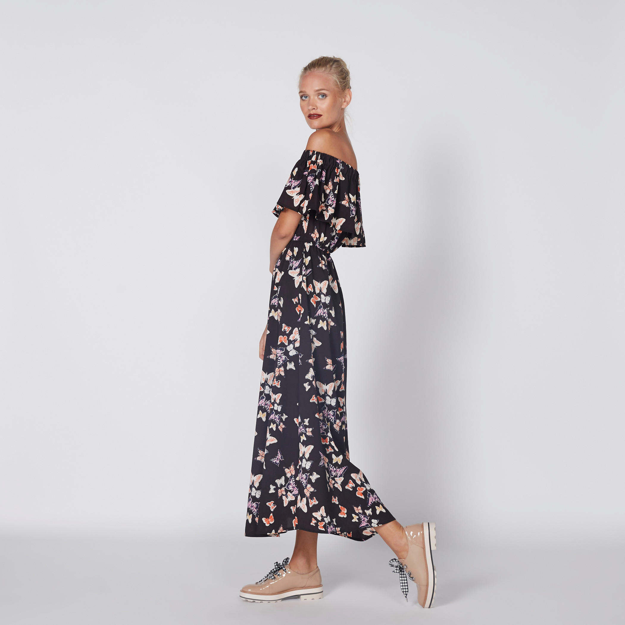 Printed Off Shoulder Maxi Dress with Ruffle Detail-women-clothing-dresses-image-4