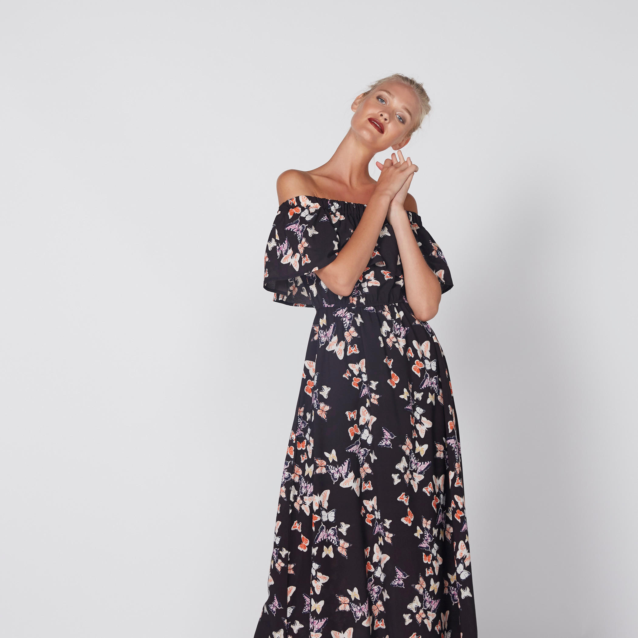 Printed Off Shoulder Maxi Dress with Ruffle Detail-women-clothing-dresses-image-5