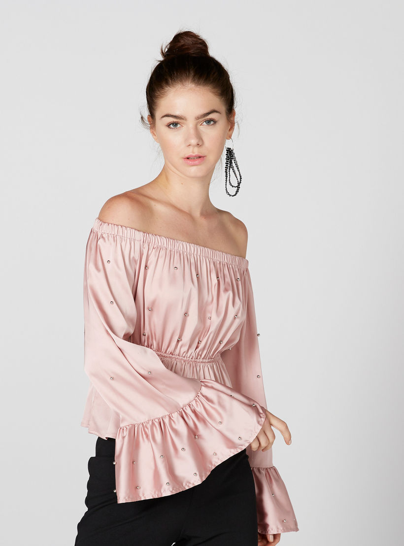 بلوزة مكشوفة الأكتاف بأكمام واسعة وتفاصيل لؤلؤ-women-clothing-shirtsandblouses-blouses-image-2