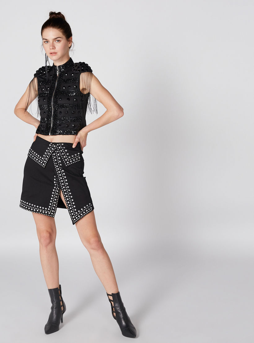 تنّورة مرصّعة بأطراف غير مستوية وسحّاب إغلاق من تو إكستريمز-women-clothing-bottoms-skirts-image-1