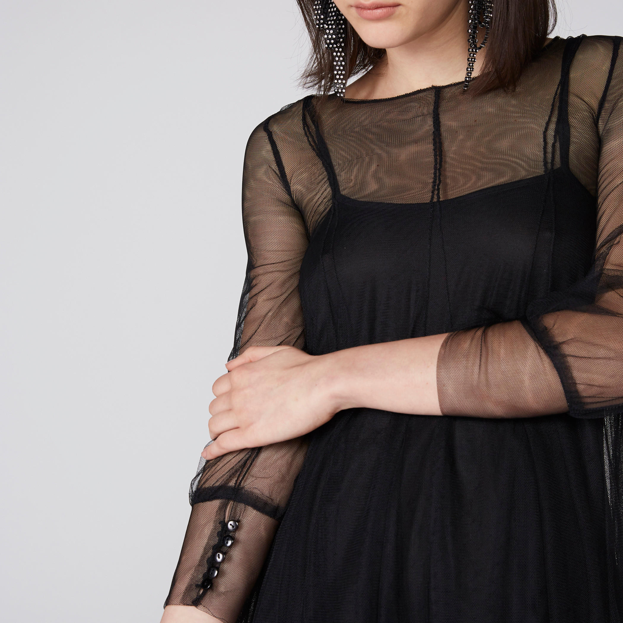 Round Neck Midi Dress with 3/4 Sleeves and Mesh Detail-women-clothing-dresses-image-2