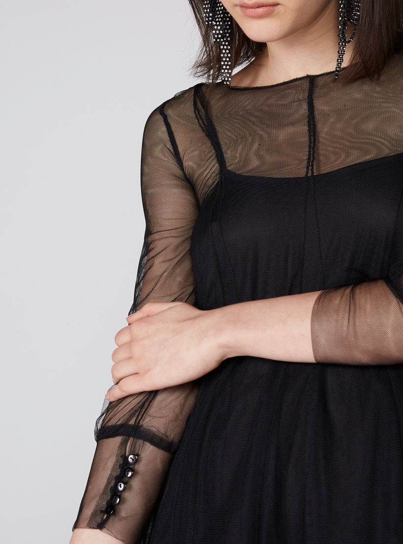 Round Neck Midi Dress with 3/4 Sleeves and Mesh Detail-women-clothing-dresses-image-2