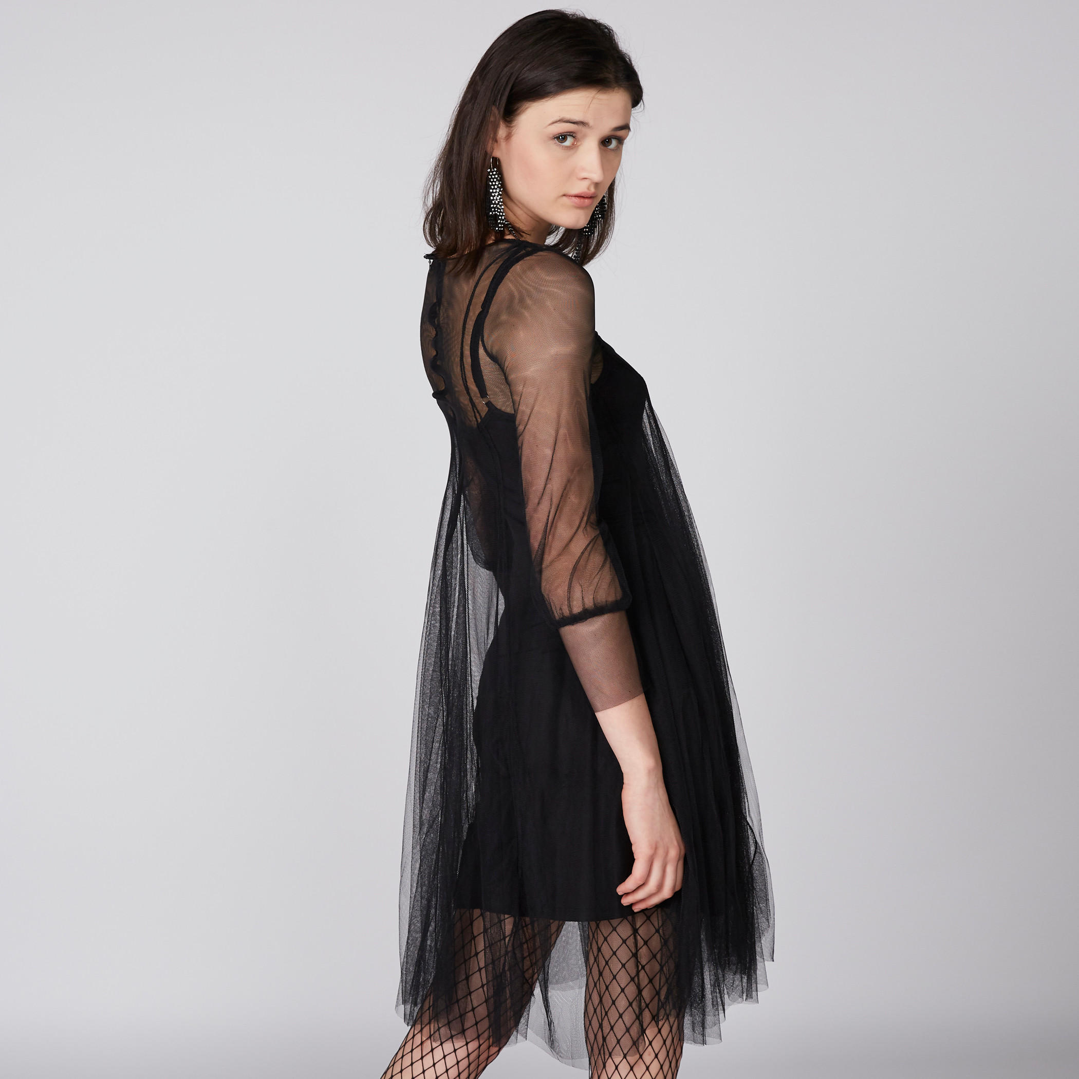 Round Neck Midi Dress with 3/4 Sleeves and Mesh Detail-women-clothing-dresses-image-3