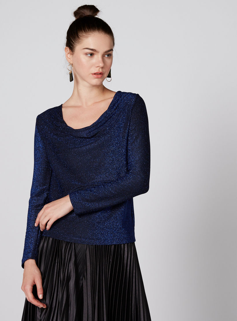 بلوزة بارزة الملمس بياقة عميقة وأكمام طويلة ورباط-women-clothing-shirtsandblouses-blouses-image-1