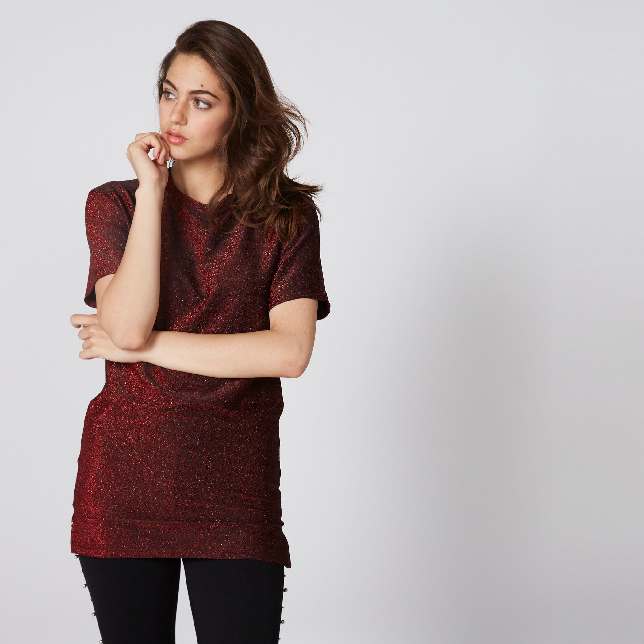 Textured Round Neck Top with Short Sleeves and Side Slit-women-clothing-shirtsandblouses-blouses-image-1